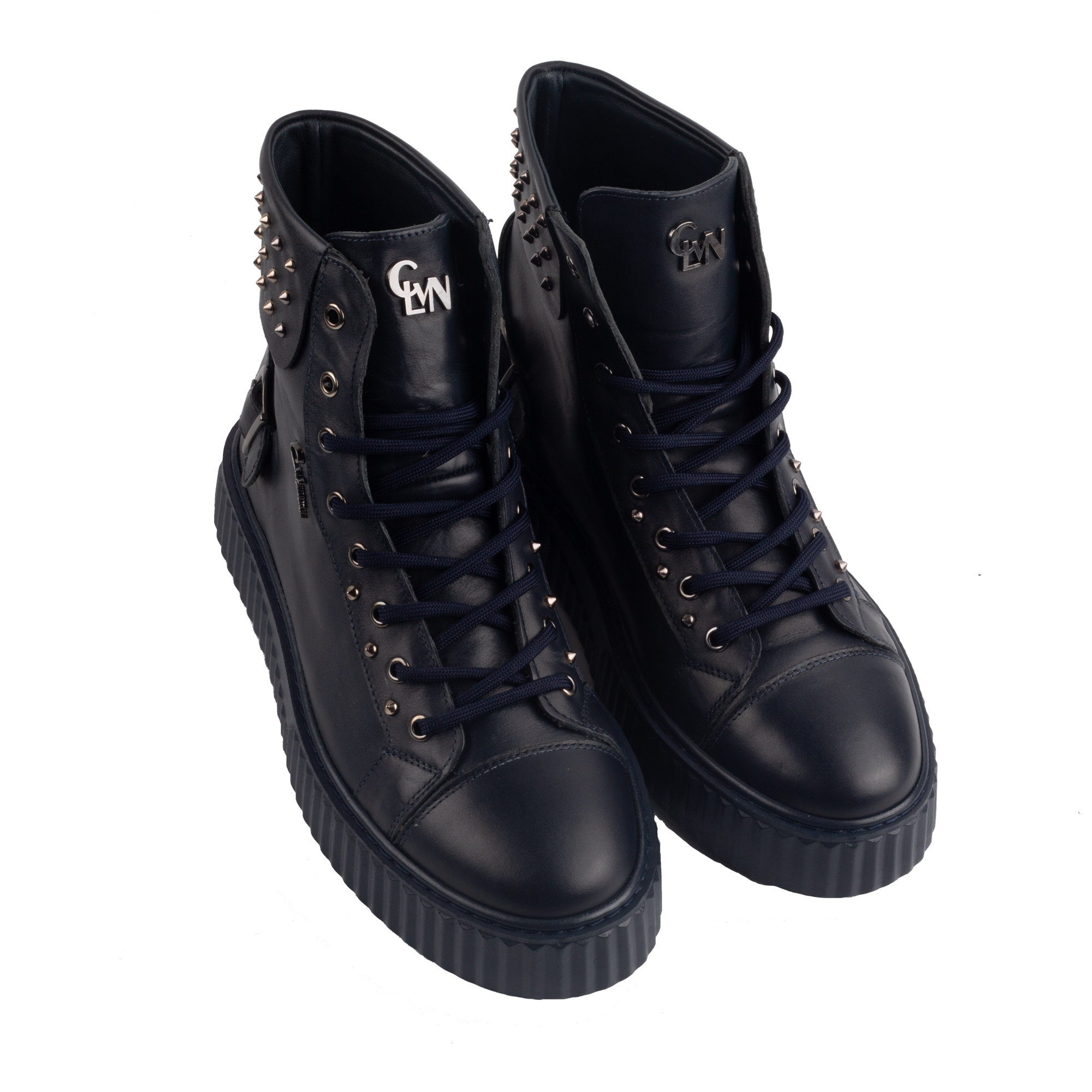 Navy Blue Leather Studded High Top Sneakers for Men Streetwear Inspired Designer Footwear.(E17536) - Image 2