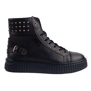 Navy Blue Leather Studded High Top Sneakers for Men Streetwear Inspired Designer Footwear.(E17536)