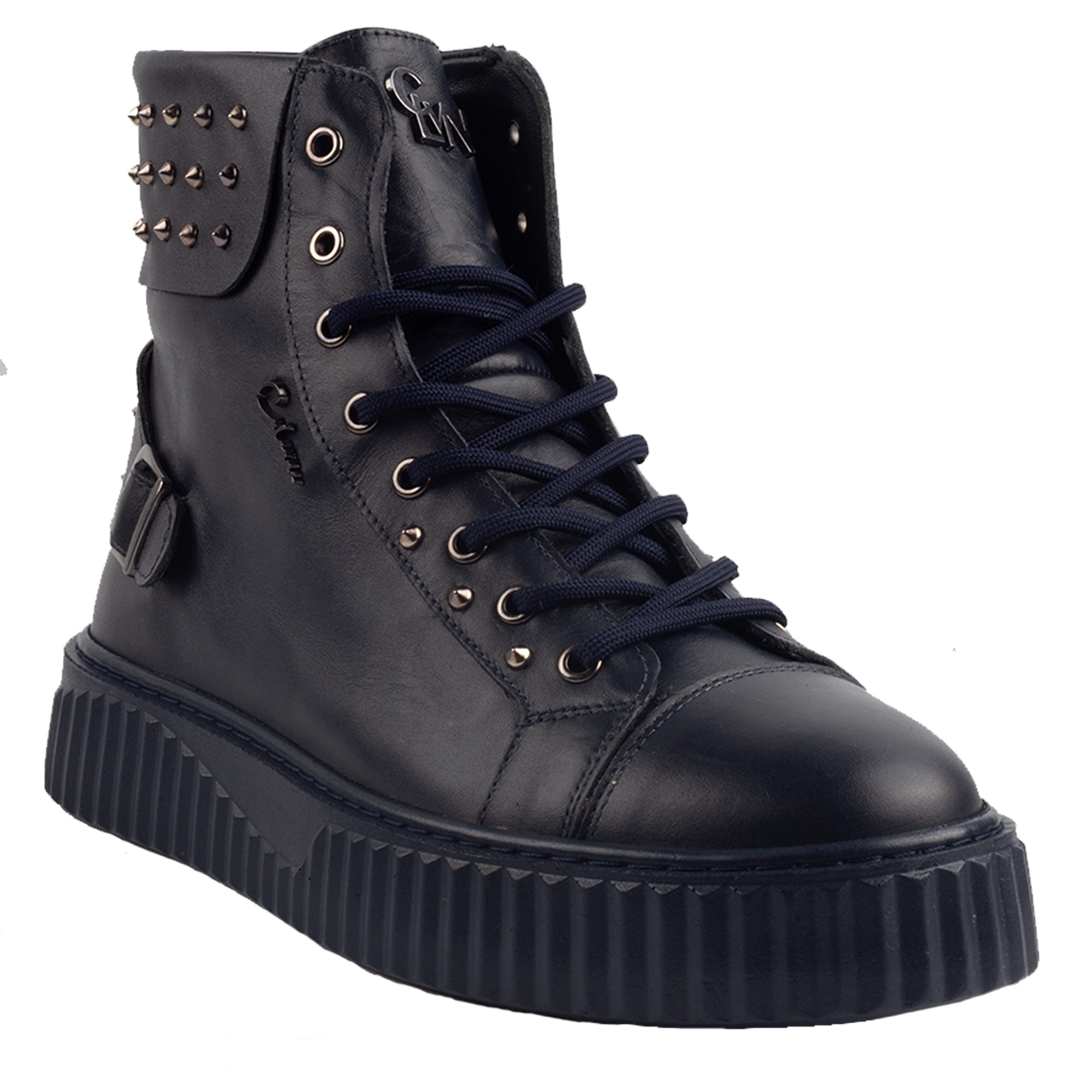 Navy Blue Leather Studded High Top Sneakers for Men Streetwear Inspired Designer Footwear.(E17536) - Image 6