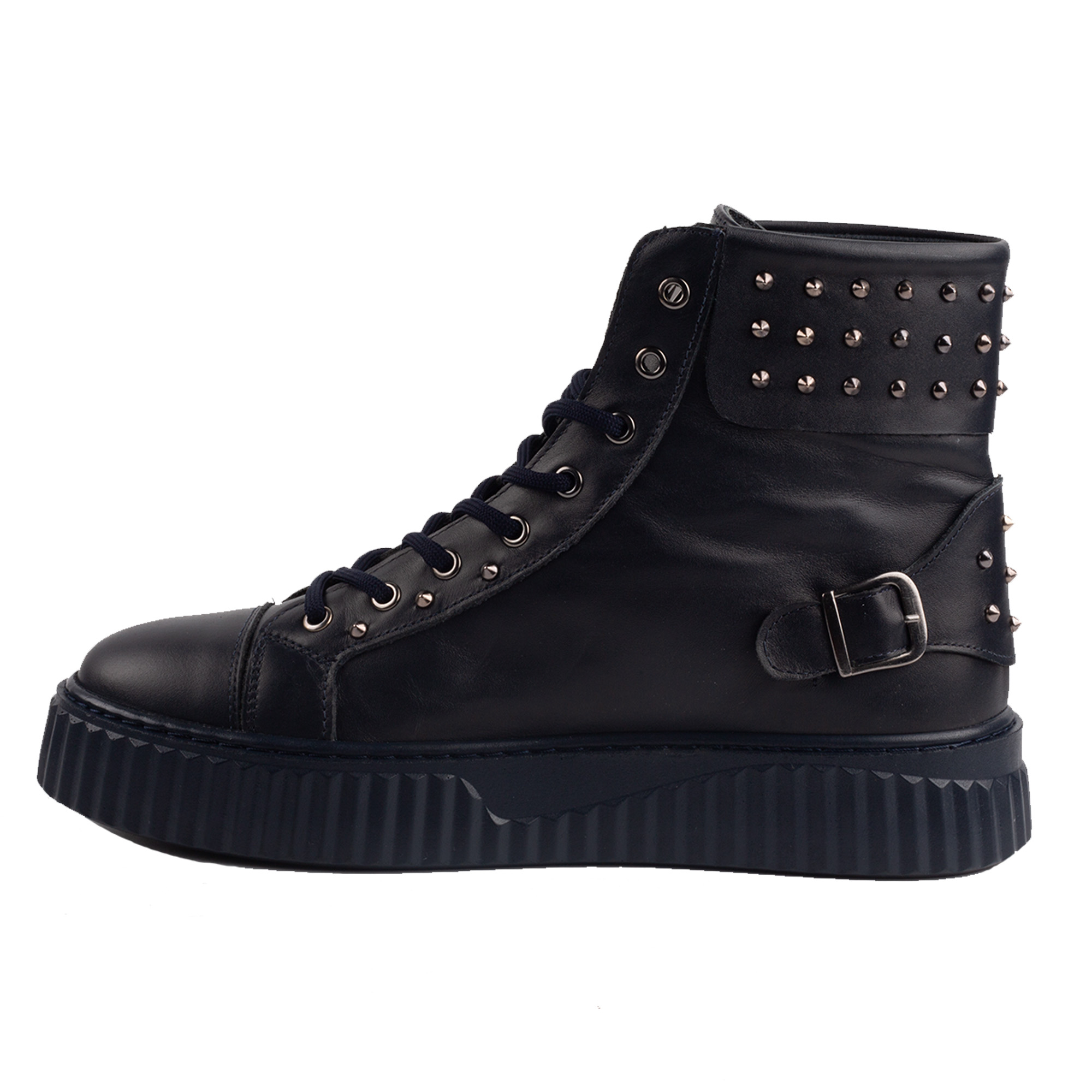 Navy Blue Leather Studded High Top Sneakers for Men Streetwear Inspired Designer Footwear.(E17536) - Image 4
