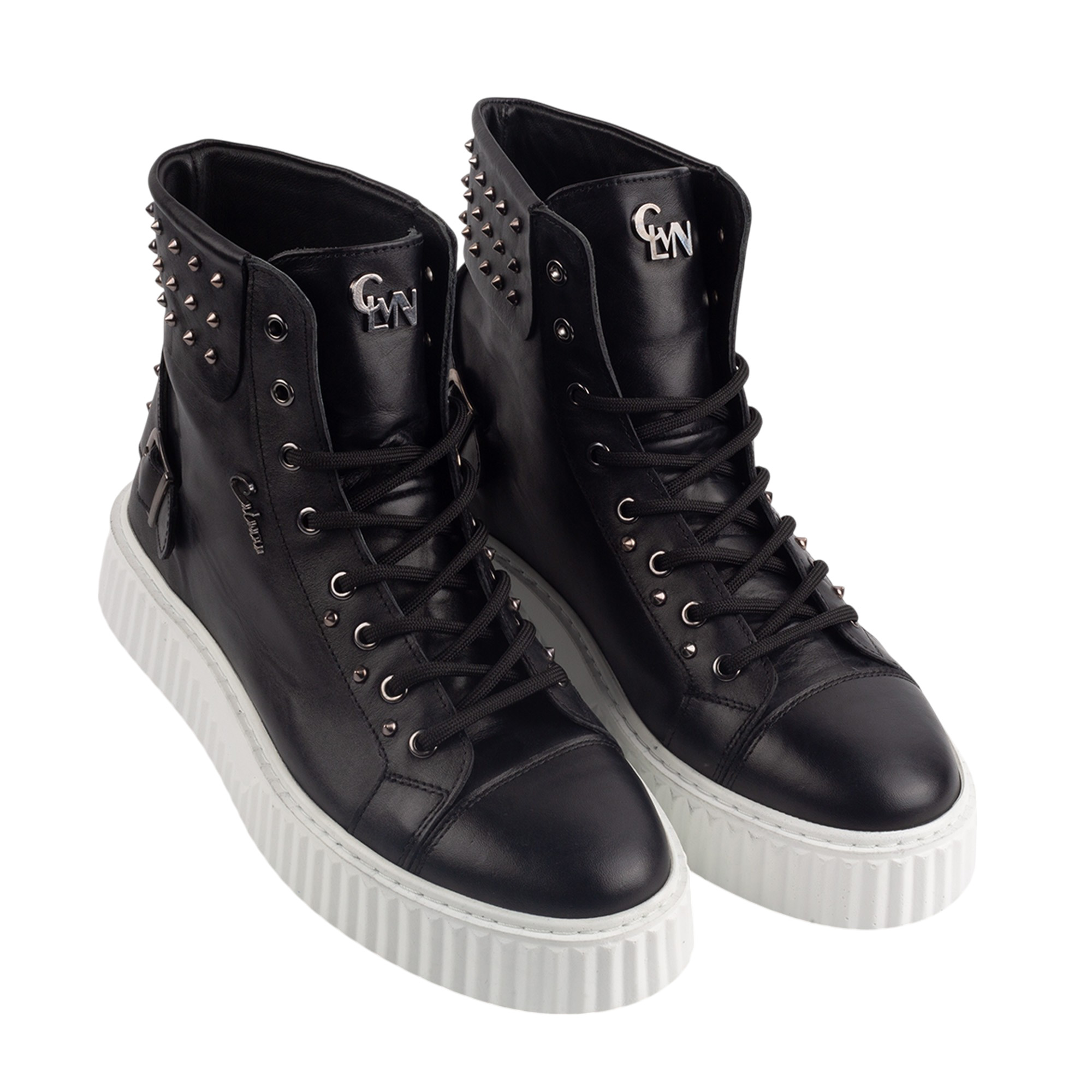 Black Leather High Top Sneakers with White Sole and Studded Detailing.(E17536) - Image 2