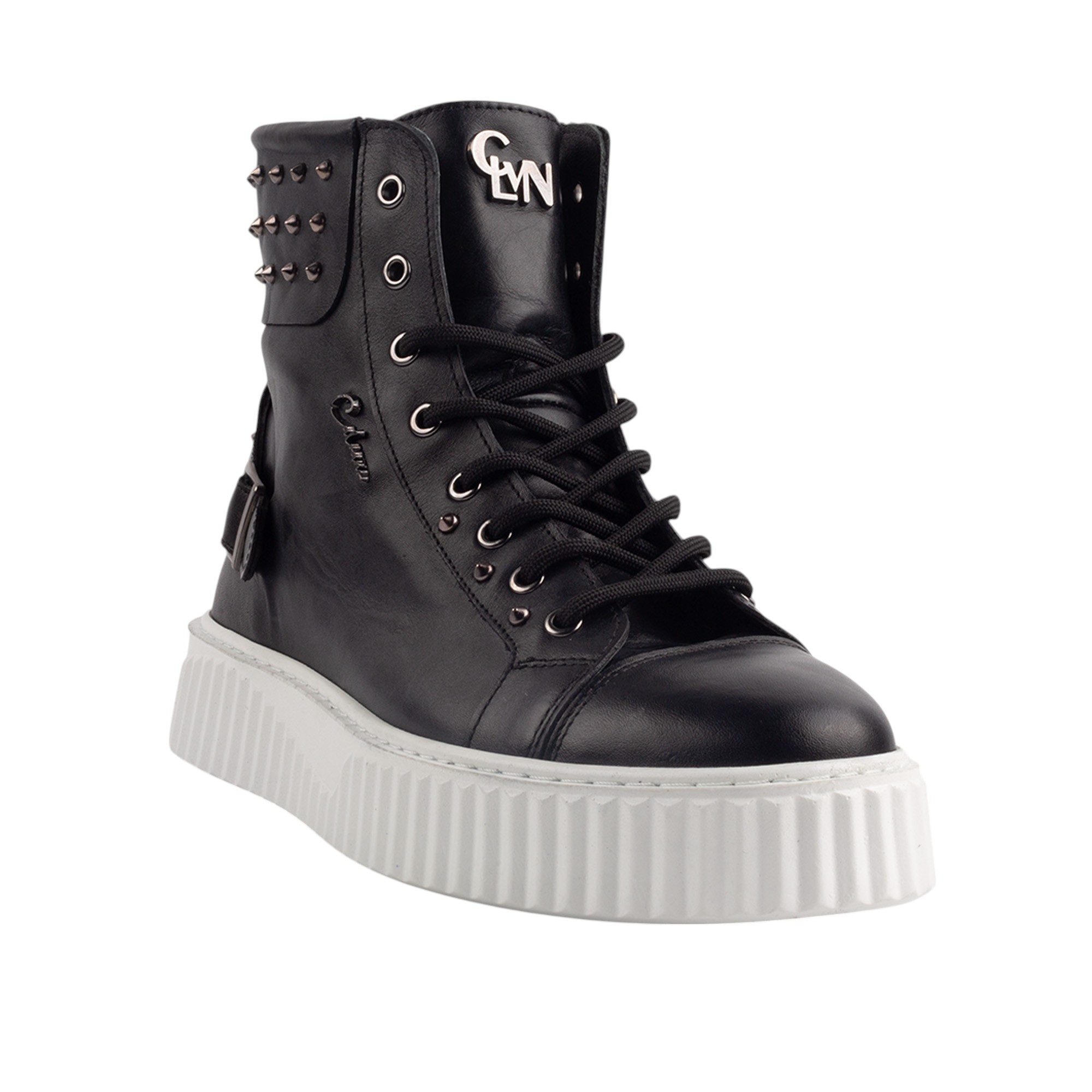 Black Leather High Top Sneakers with White Sole and Studded Detailing.(E17536) - Image 4