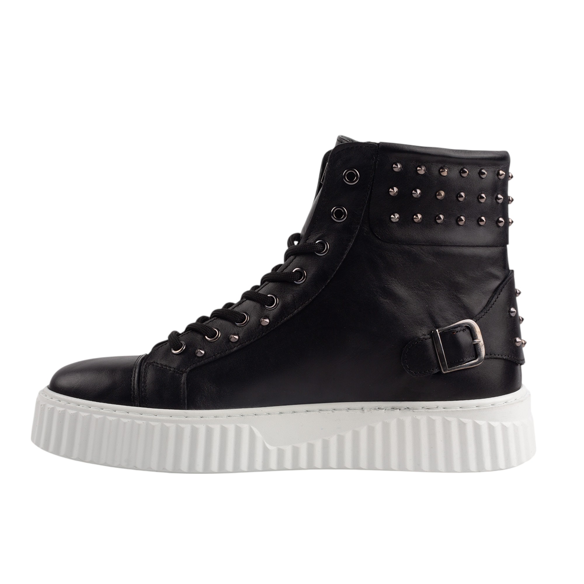 Black Leather High Top Sneakers with White Sole and Studded Detailing.(E17536) - Image 6