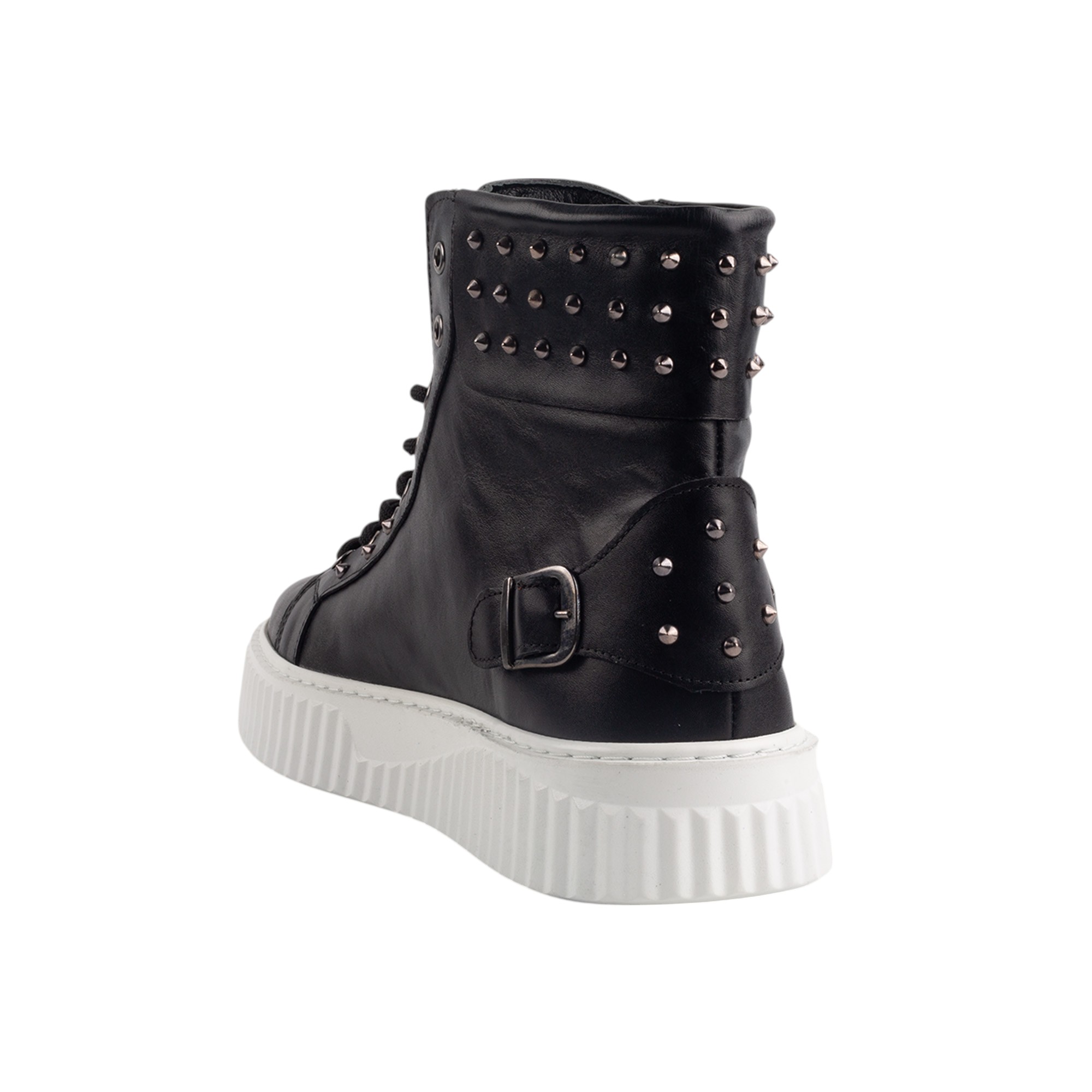 Black Leather High Top Sneakers with White Sole and Studded Detailing.(E17536) - Image 5