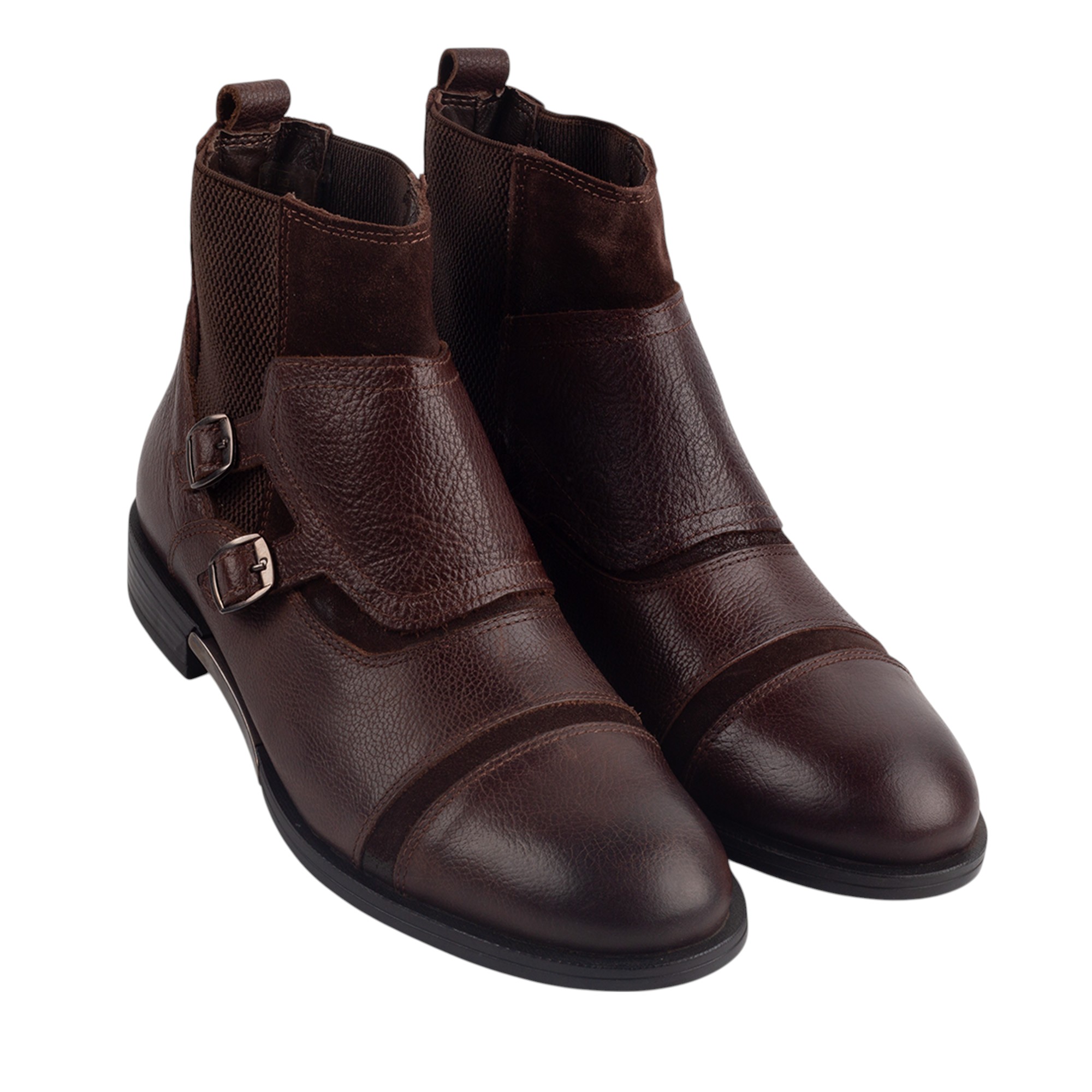 Elegant Dark Brown Double Monk Strap Boots for Men Genuine Leather Ankle Dress Boots with Suede and Elastic Panels.(12304) - Image 2