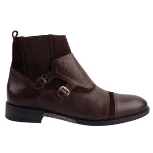 Elegant Dark Brown Double Monk Strap Boots for Men Genuine Leather Ankle Dress Boots with Suede and Elastic Panels.(12304)