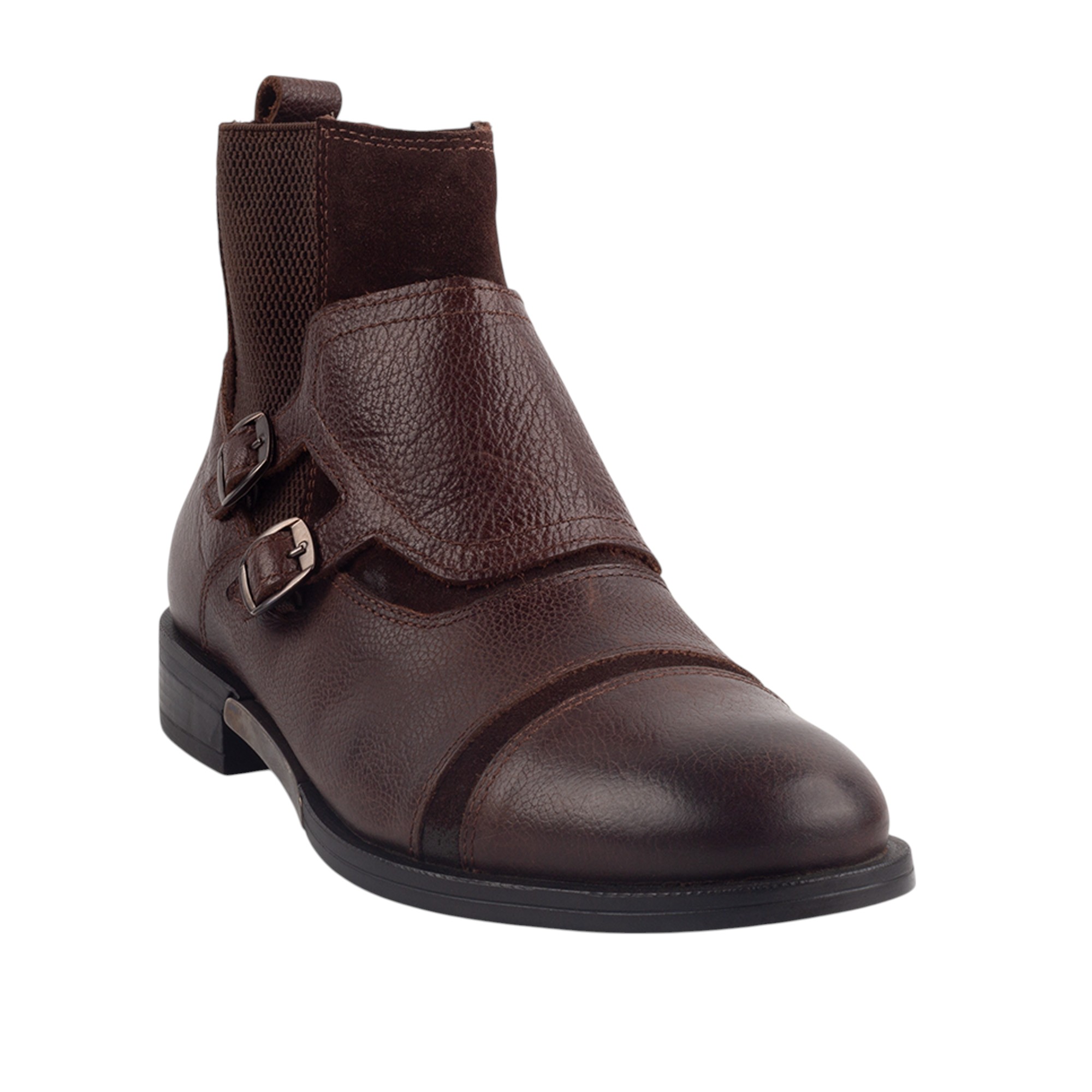 Elegant Dark Brown Double Monk Strap Boots for Men Genuine Leather Ankle Dress Boots with Suede and Elastic Panels.(12304) - Image 4