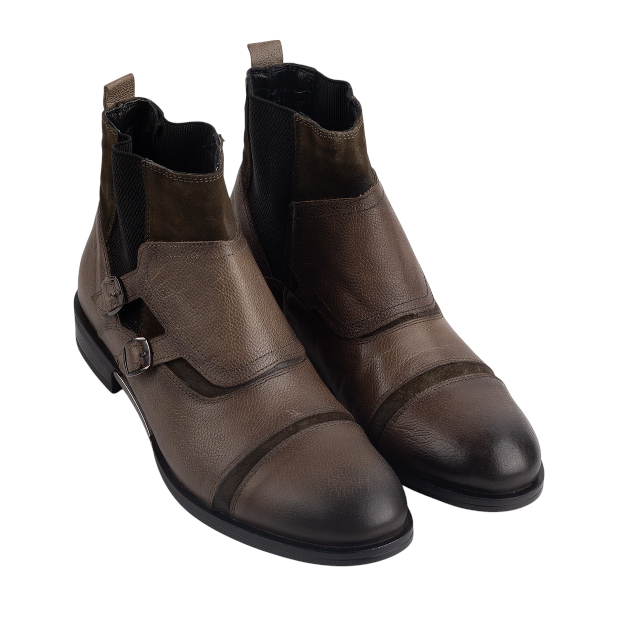 Sophisticated Olive Brown Double Monk Strap Ankle Boots for Men Premium Leather Dress Boots with Suede Accents.(12304) - Image 2