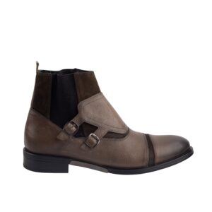 Sophisticated Olive Brown Double Monk Strap Ankle Boots for Men Premium Leather Dress Boots with Suede Accents.(12304)