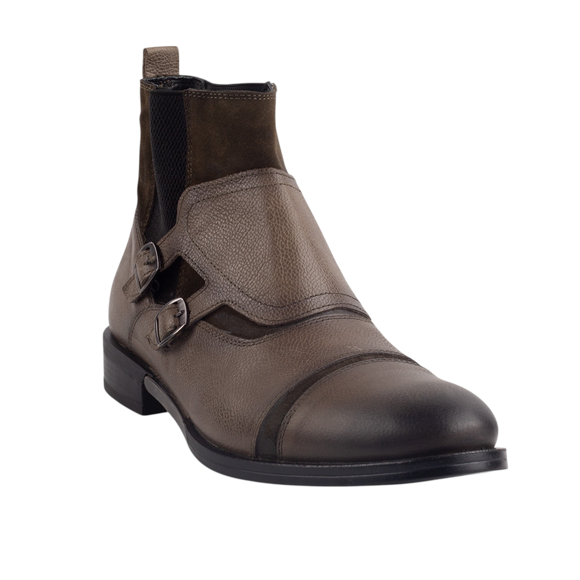 Sophisticated Olive Brown Double Monk Strap Ankle Boots for Men Premium Leather Dress Boots with Suede Accents.(12304) - Image 5