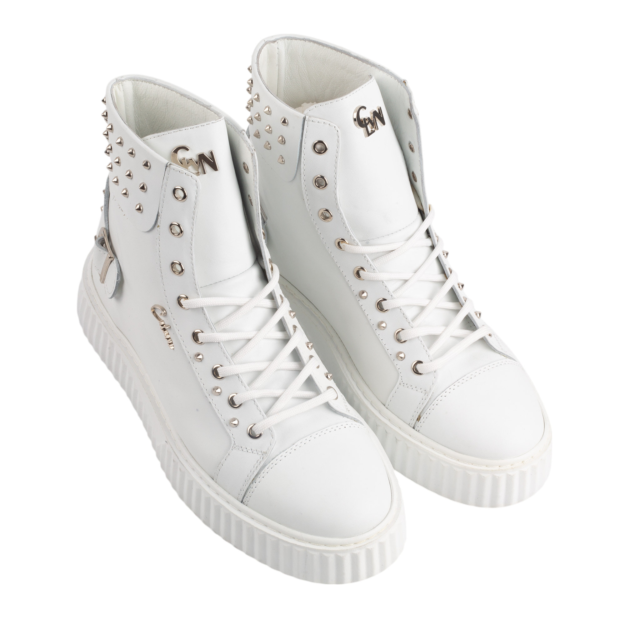 White Leather High Top Sneakers with Metallic Studs Premium Streetwear Statement Footwear for Men.(E17536) - Image 2