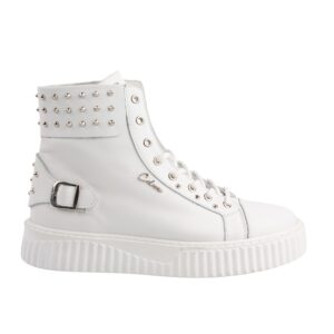 White Leather High Top Sneakers with Metallic Studs Premium Streetwear Statement Footwear for Men.(E17536)