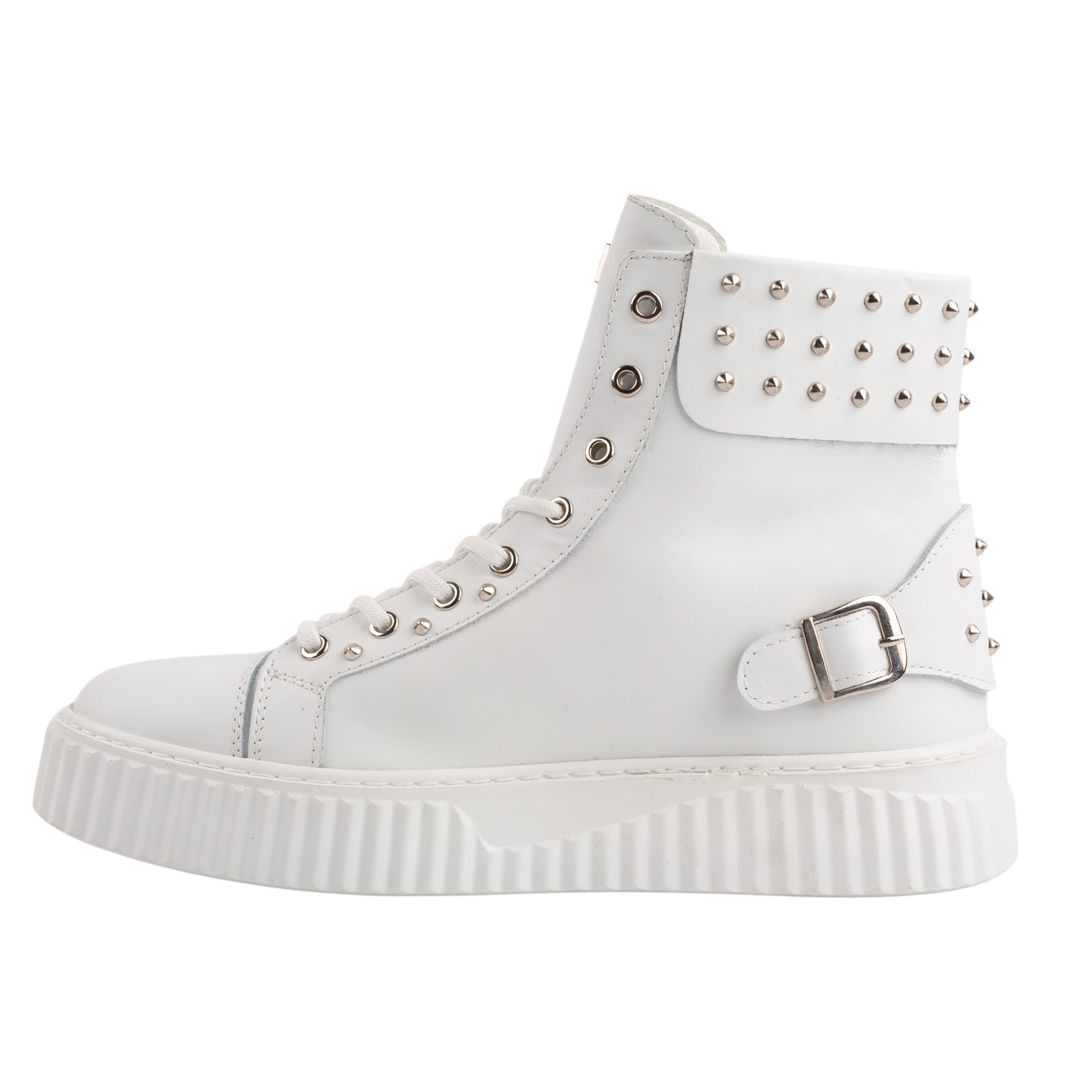 White Leather High Top Sneakers with Metallic Studs Premium Streetwear Statement Footwear for Men.(E17536) - Image 6