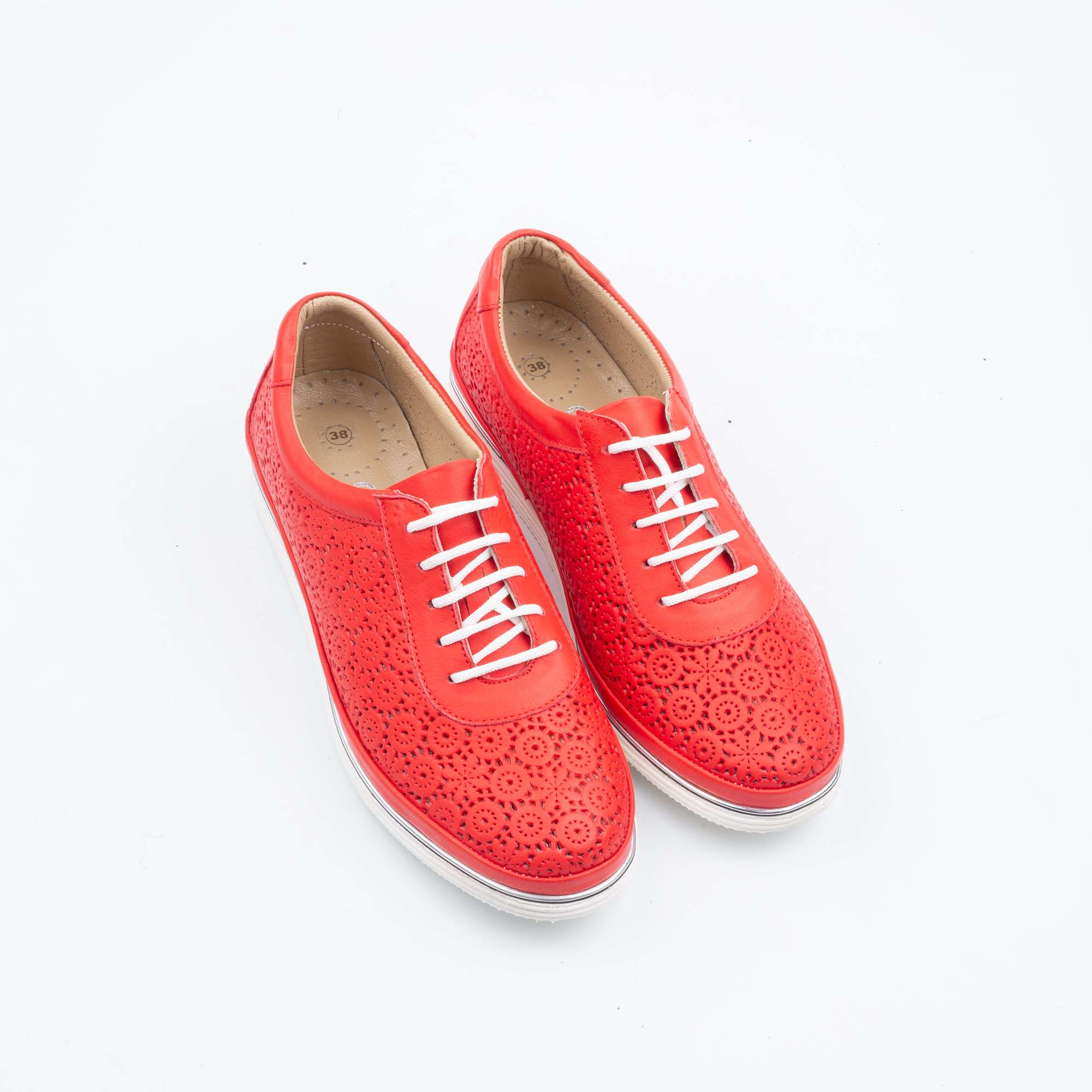 Elegant Red Perforated Leather Sneakers for Women Comfortable Lace-Up Design(M5011) - Image 2