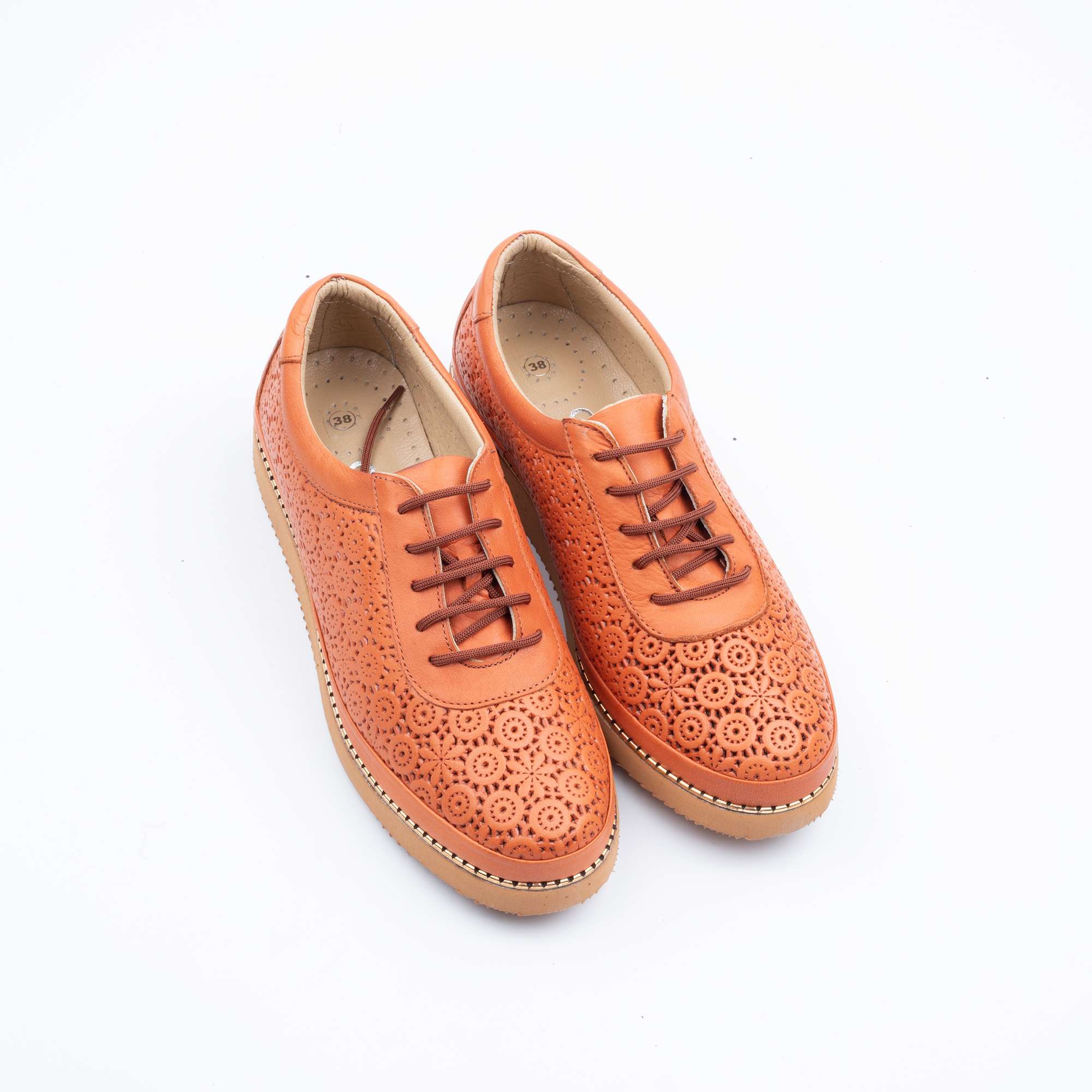 Stylish Orange Perforated Lace-Up Leather Sneakers for Women Casual Comfort and Elegance (M5011) - Image 2