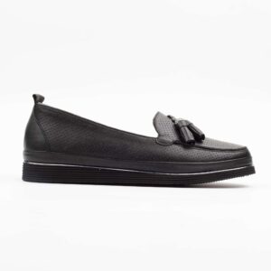Elegant Black Perforated Slip-On Loafers with Tassel Detailing Comfortable and Stylish Ladies Shoe (M5004)