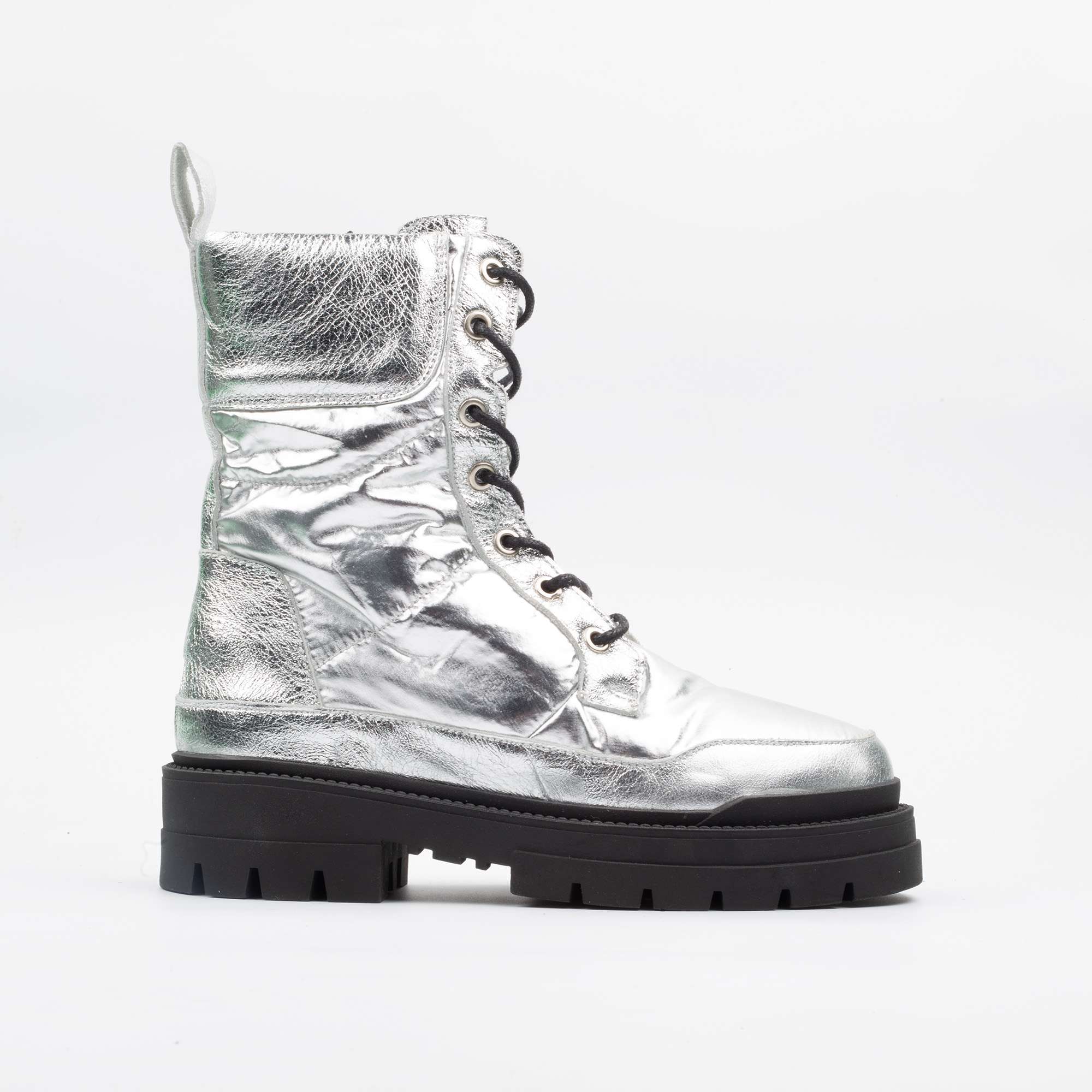 Stylish Women's Silver Combat Boots with Chunky Sole Futuristic Winter Footwear