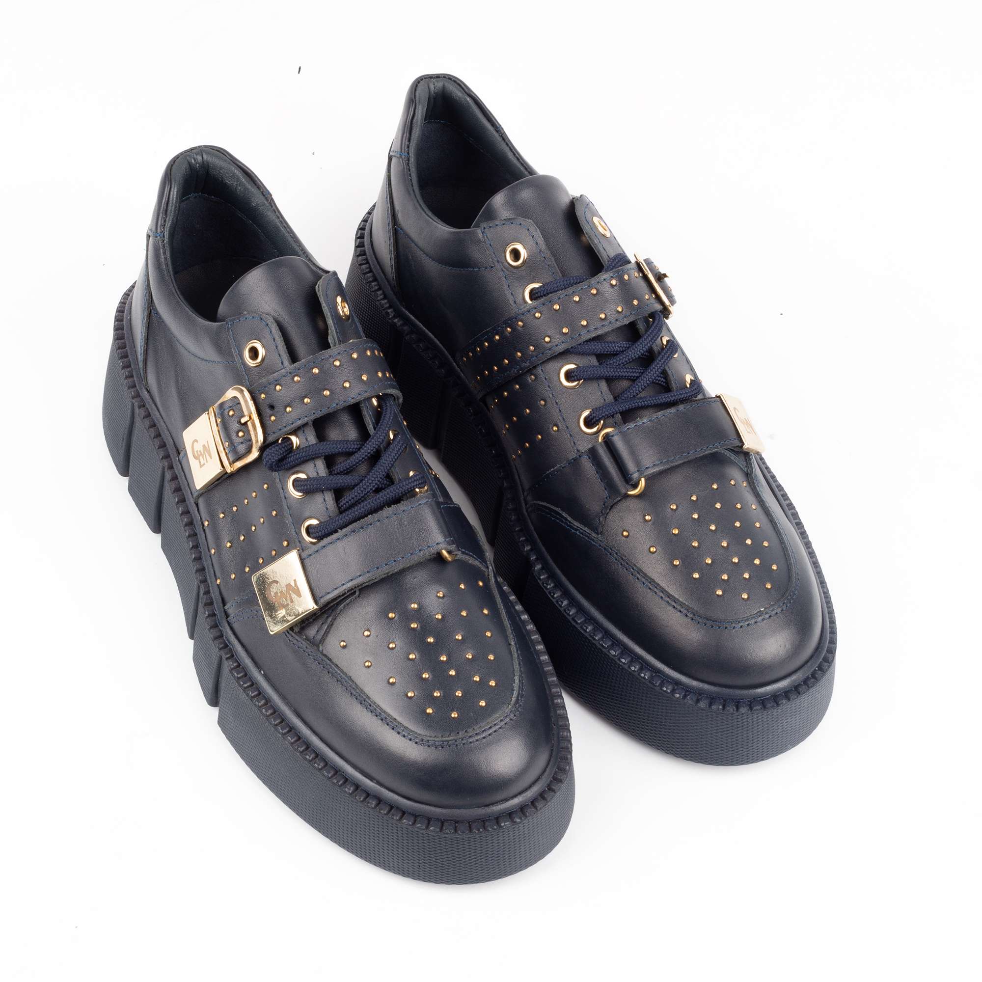 Navy Blue Platform Sneakers with Gold Buckles and Studs – Luxury Street Style Footwear (E17115) - Image 2