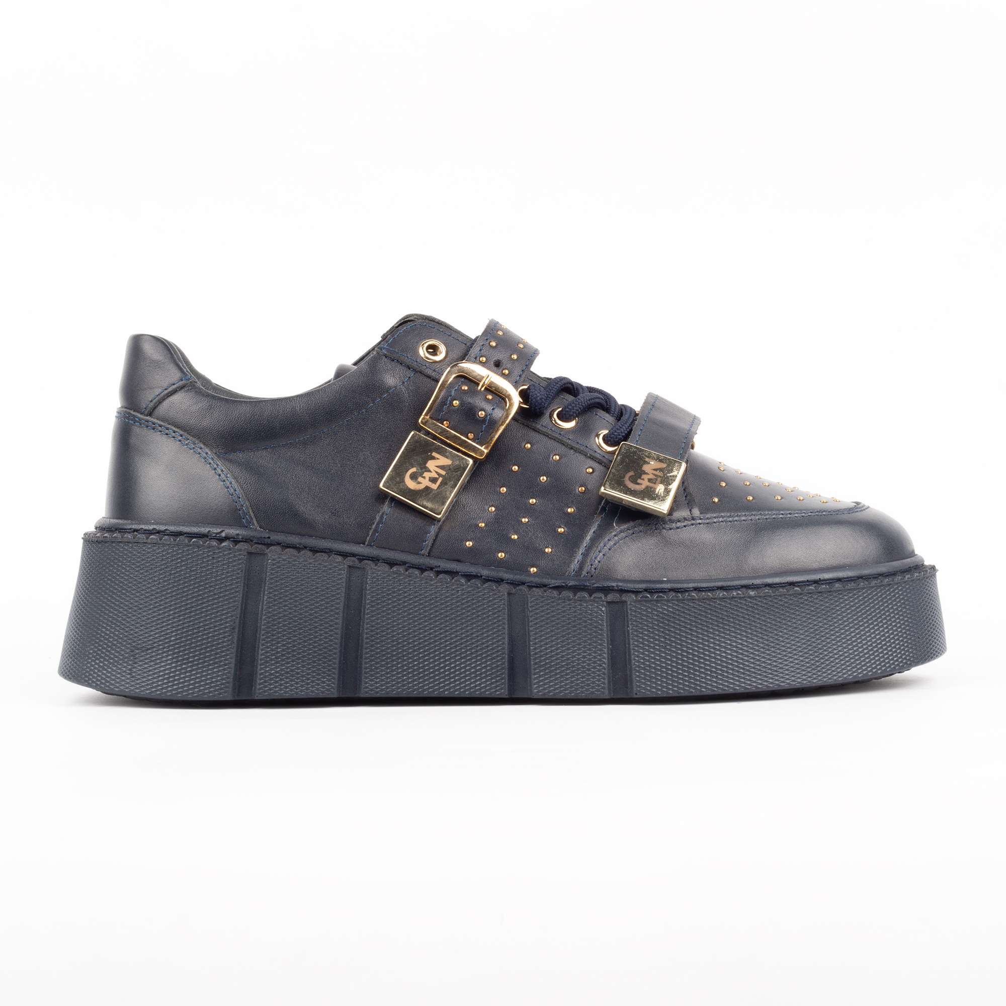 Navy Blue Platform Sneakers with Gold Buckles and Studs – Luxury Street Style Footwear (E17115)