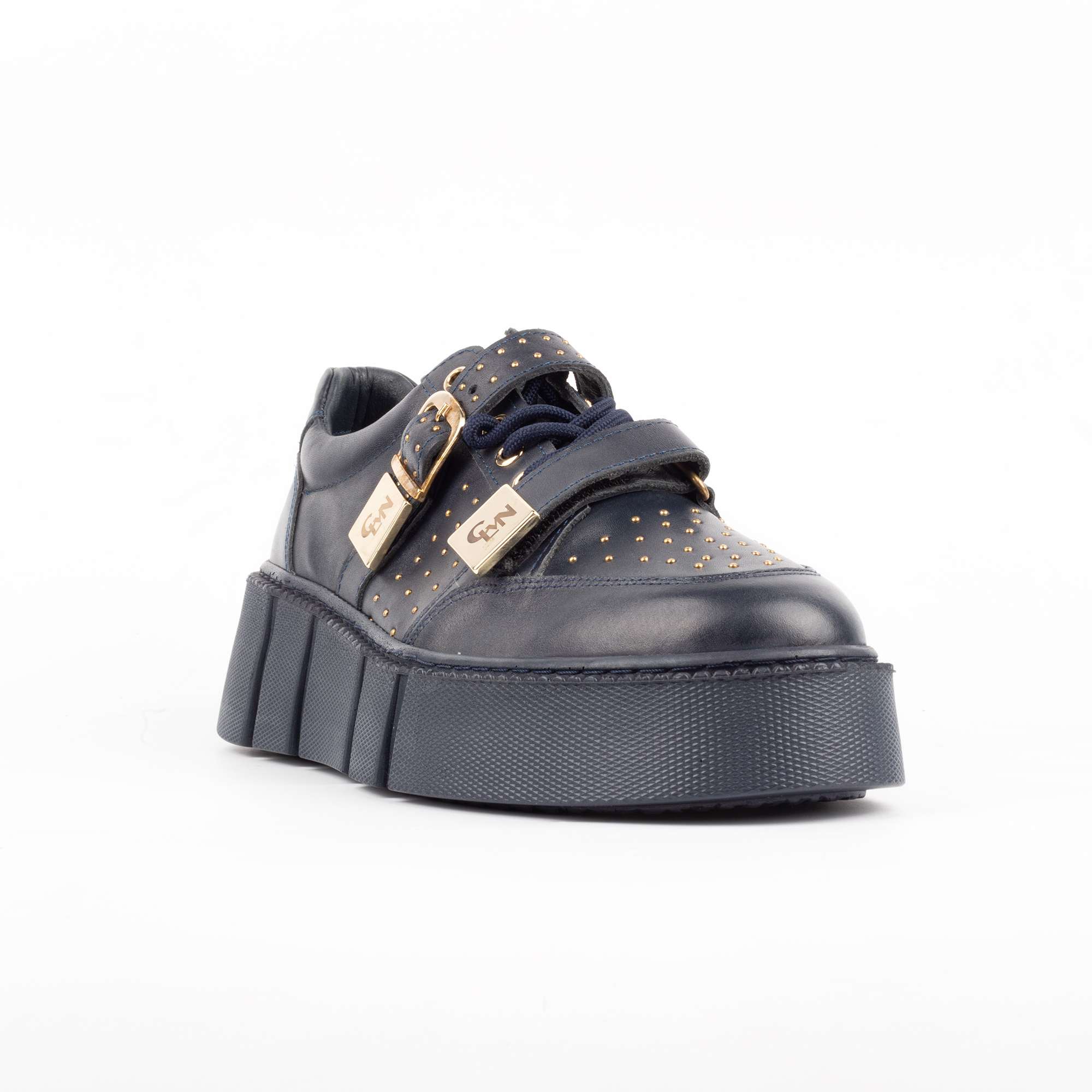 Navy Blue Platform Sneakers with Gold Buckles and Studs – Luxury Street Style Footwear (E17115) - Image 4