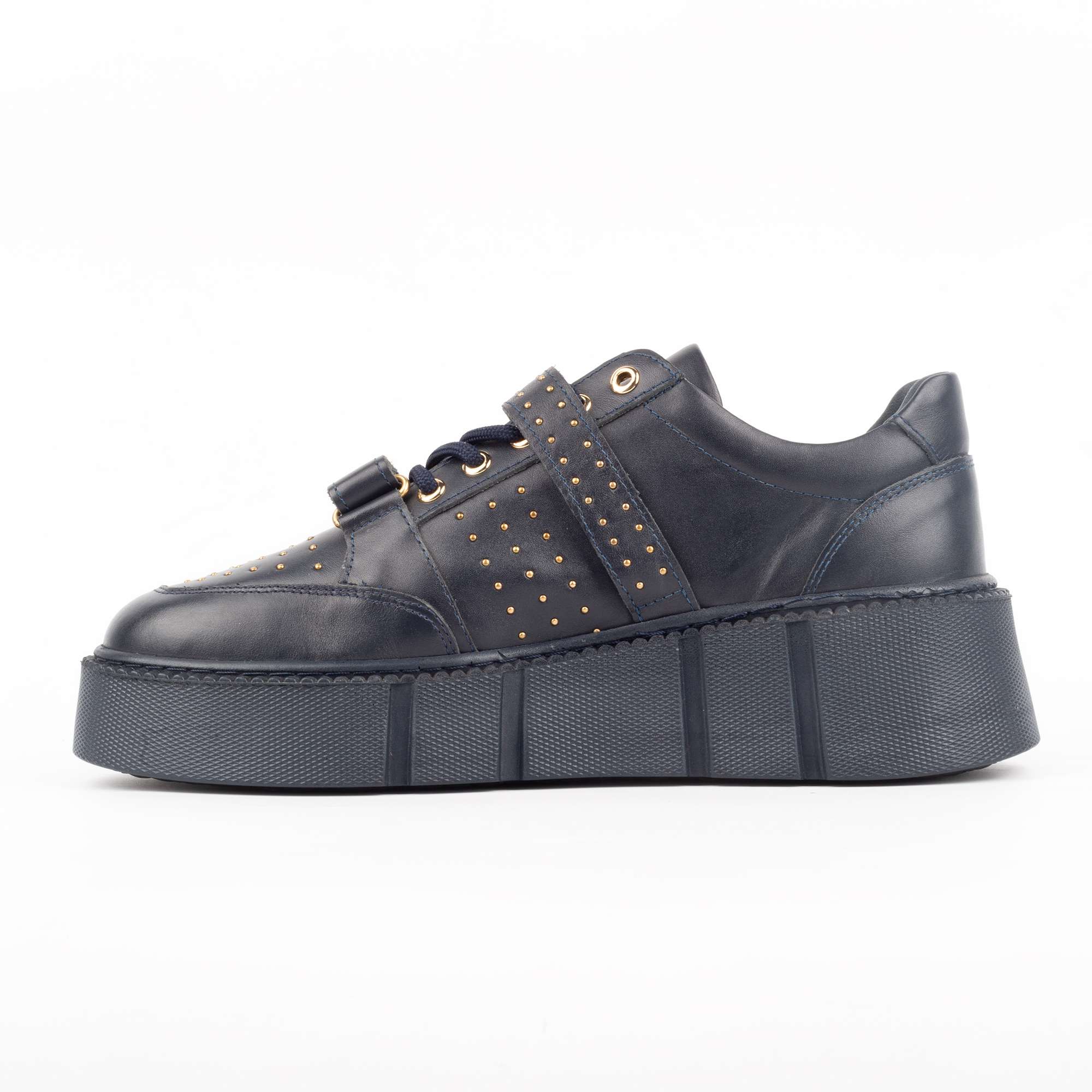 Navy Blue Platform Sneakers with Gold Buckles and Studs – Luxury Street Style Footwear (E17115) - Image 5