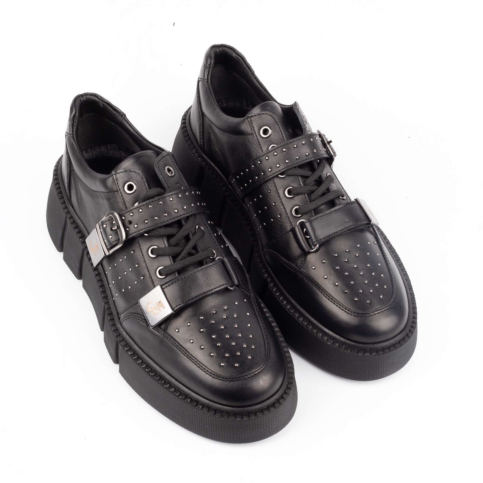 Black Platform Sneakers with Studs and Buckles – Bold & Edgy Footwear (E17115) - Image 2