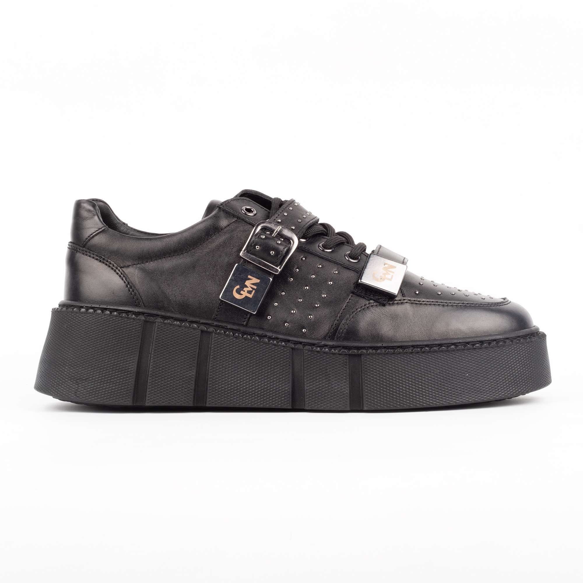 Black Platform Sneakers with Studs and Buckles – Bold & Edgy Footwear (E17115)