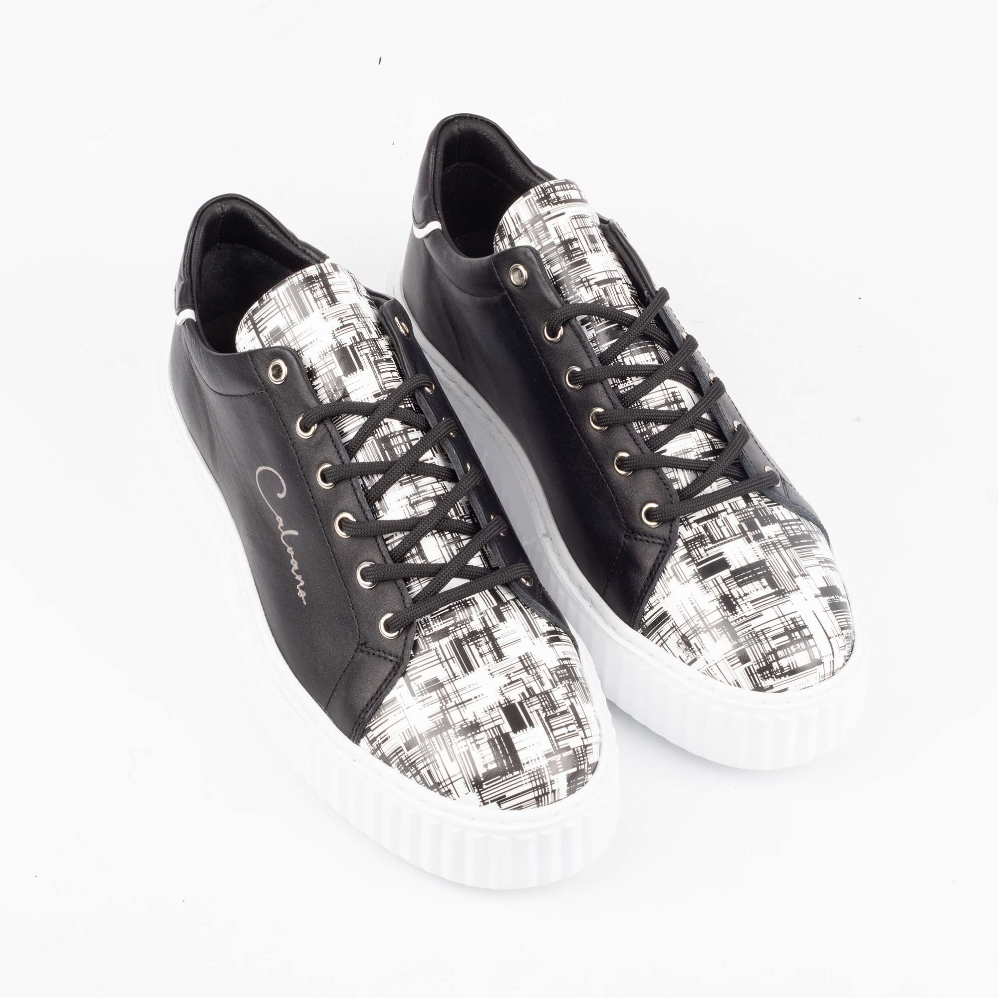 Black Leather Sneakers with Patterned Toe Cap – Stylish and Comfortable Footwear for Every Occasion (E17309) - Image 2