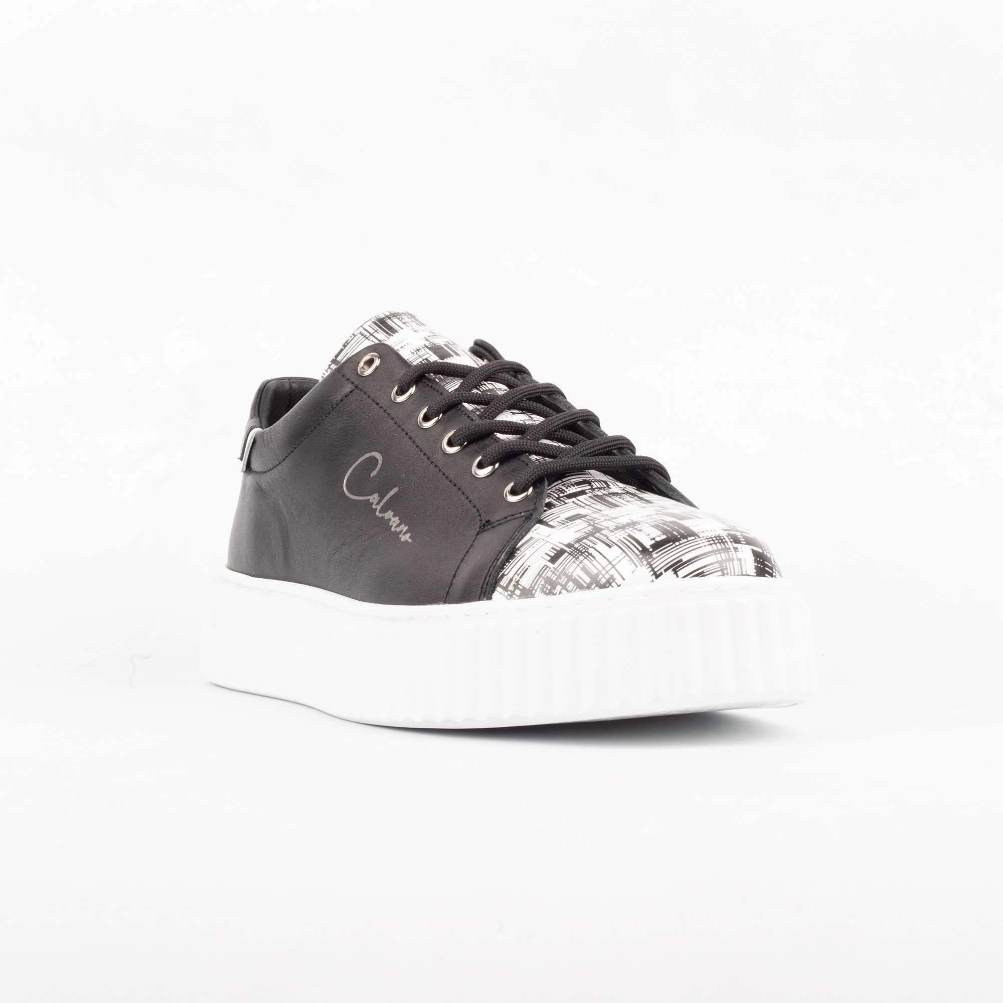 Black Leather Sneakers with Patterned Toe Cap – Stylish and Comfortable Footwear for Every Occasion (E17309) - Image 4