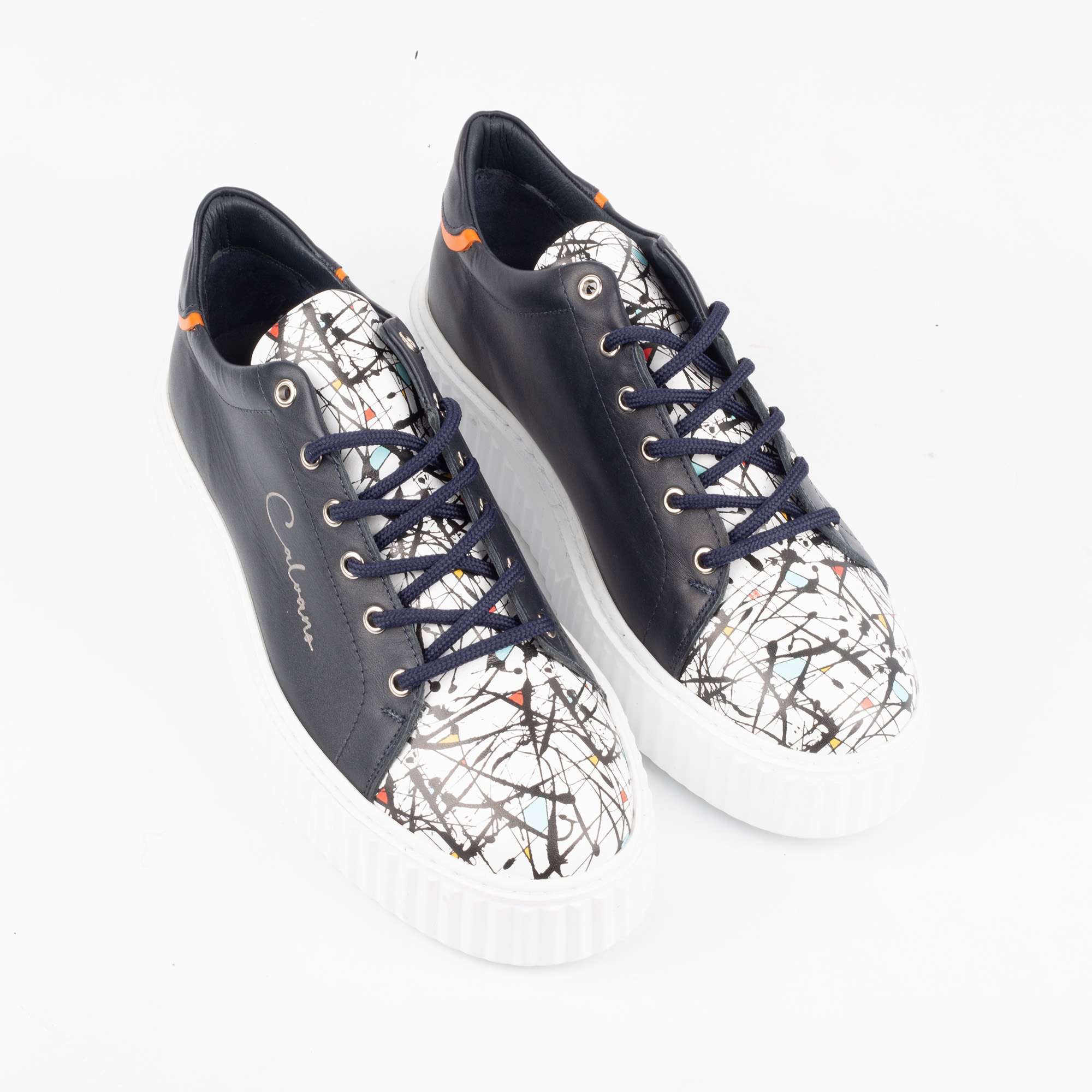 Navy Leather Sneakers with Abstract Print – Bold Style Meets Casual Comfort(E17309) - Image 2