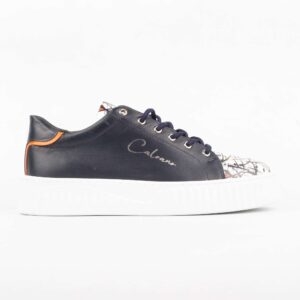 Navy Leather Sneakers with Abstract Print – Bold Style Meets Casual Comfort(E17309)