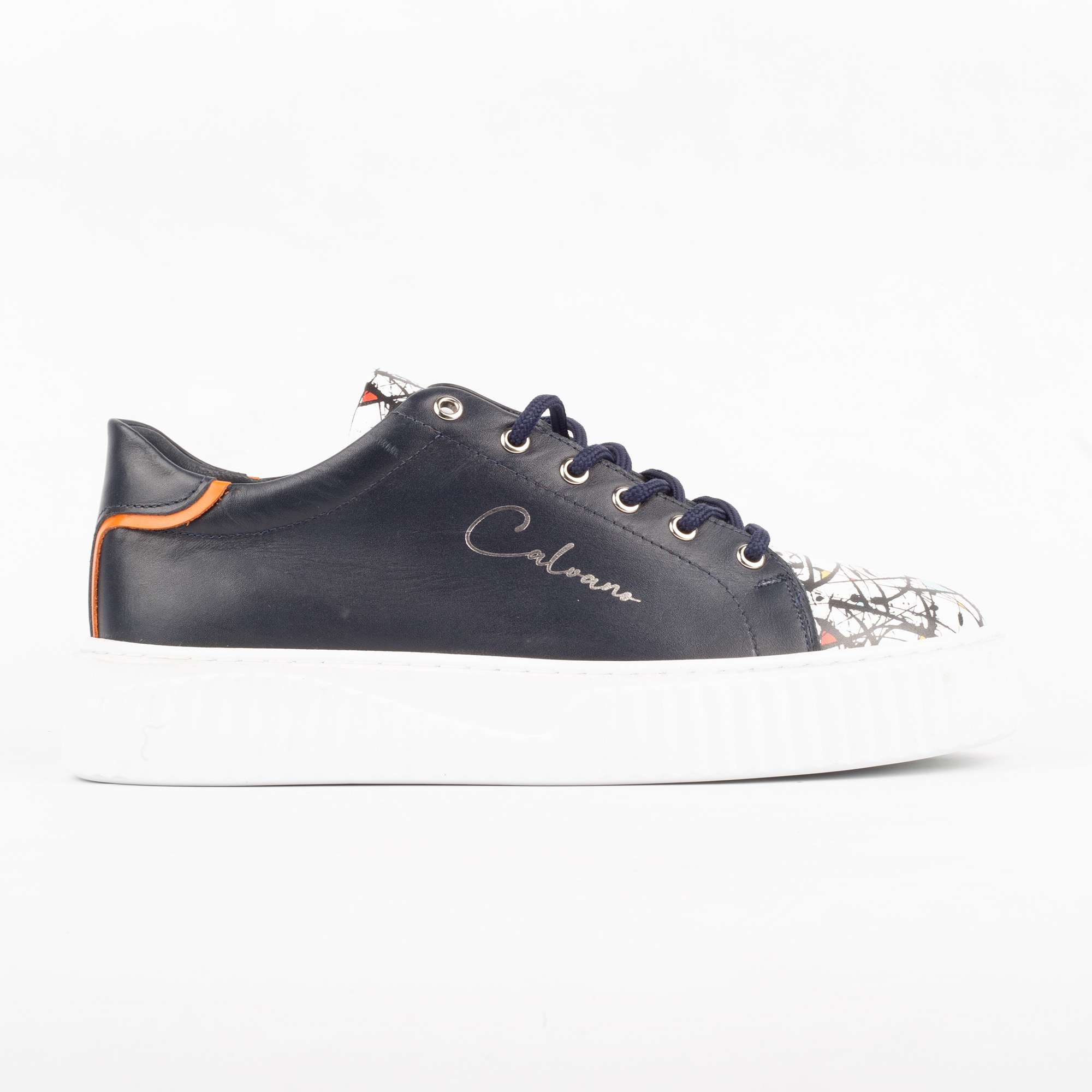 Navy Leather Sneakers with Abstract Print – Bold Style Meets Casual Comfort(E17309)