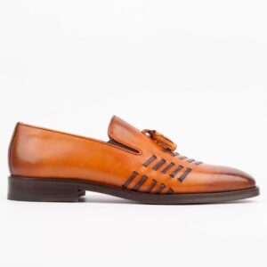 Men's Tan Leather Tassel Loafers with Woven Detailing - Stylish and Elegant Footwear for Men (V2-104)
