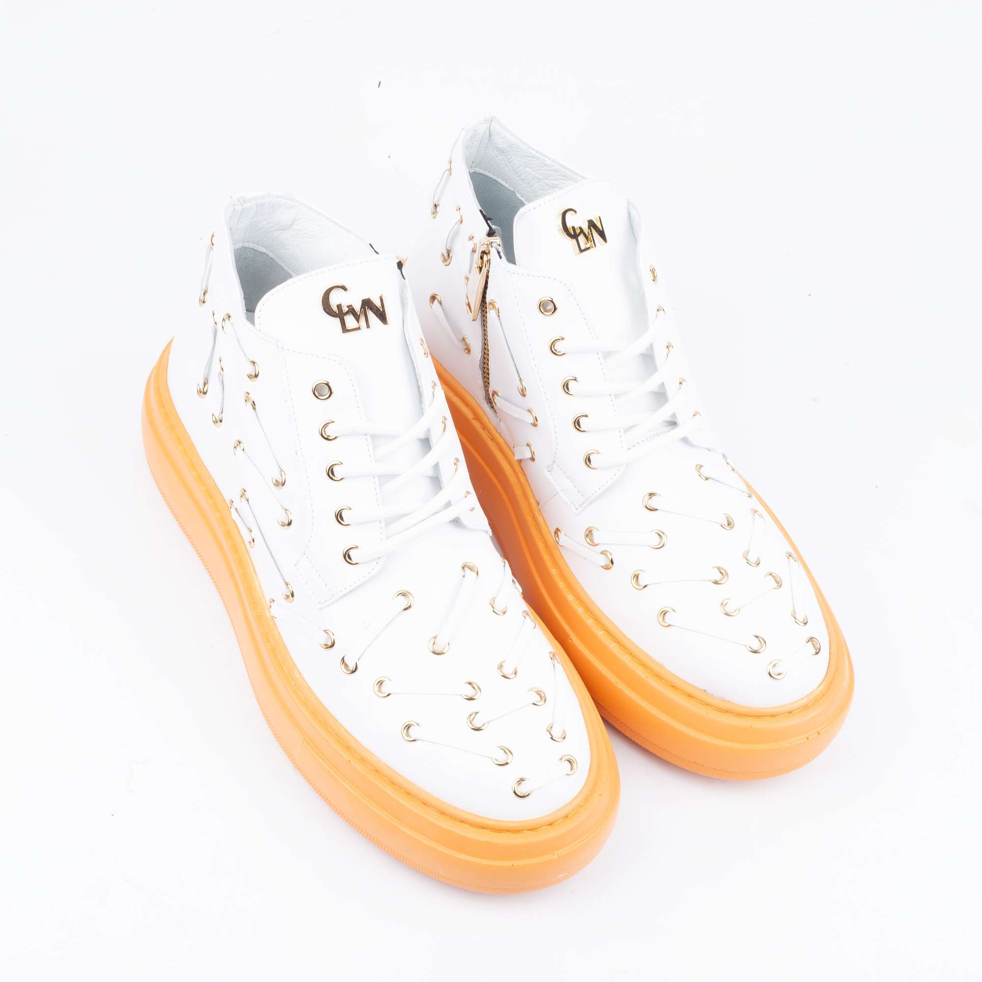 White Studded High-Top Sneakers with Orange Soles – Bold Streetwear with a Pop of Color (E19624) - Image 2