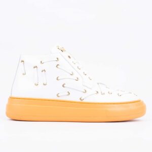 White Studded High-Top Sneakers with Orange Soles – Bold Streetwear with a Pop of Color (E19624)