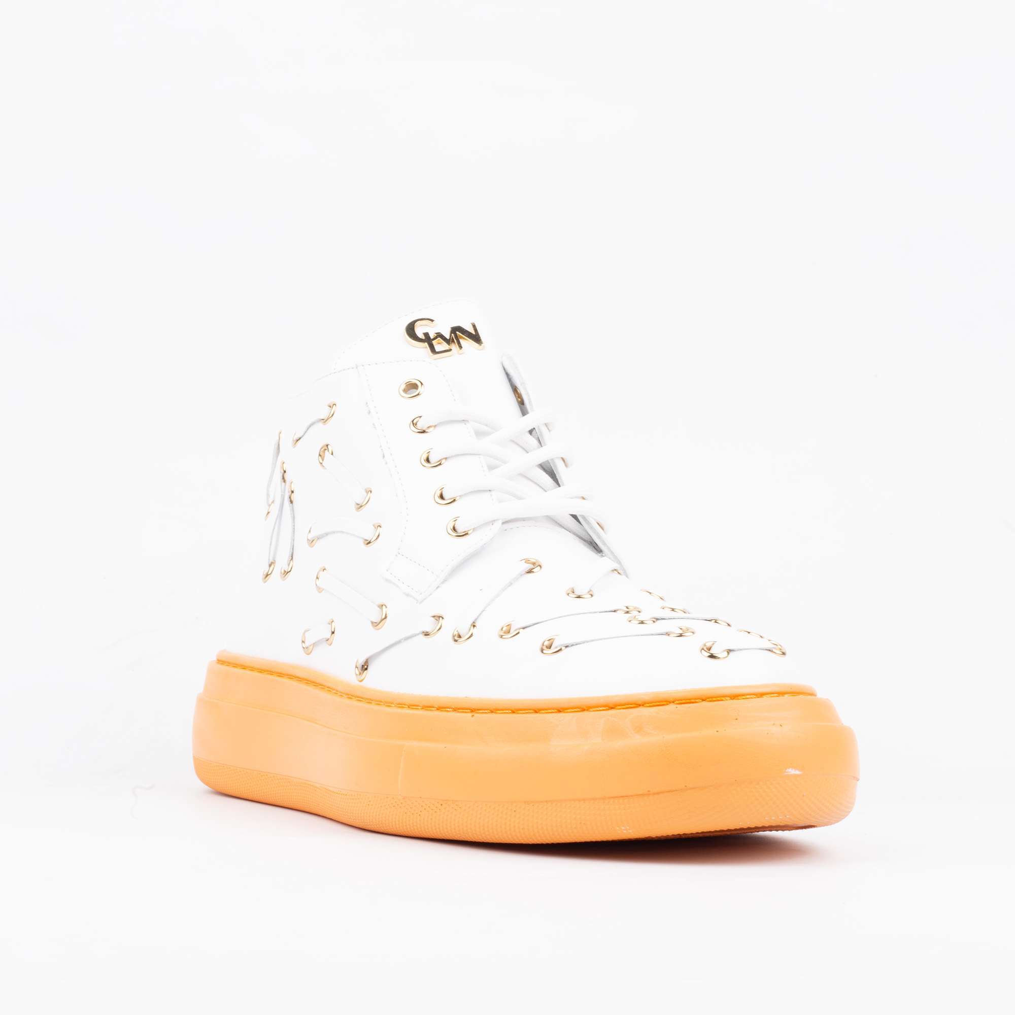 White Studded High-Top Sneakers with Orange Soles – Bold Streetwear with a Pop of Color (E19624) - Image 5