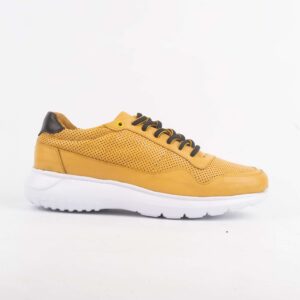 Men's Yellow Leather Sneakers with Perforated Upper and Black Accents (M13123)