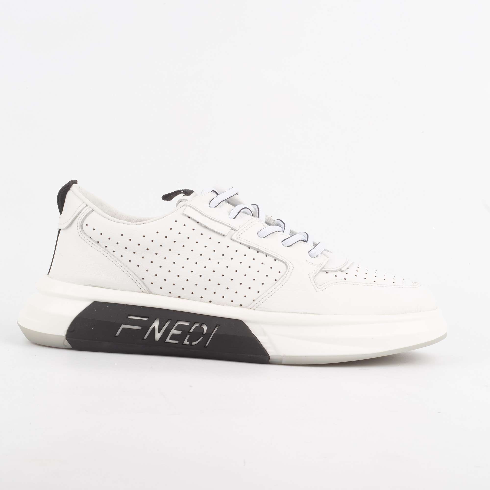 Men's White Perforated Sneakers with Breathable Leather and Bold Branding.(11241)