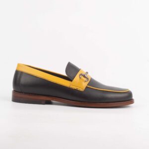 Men's Black and Yellow Leather Loafers with Metallic Horsebit Detail (V52-73)