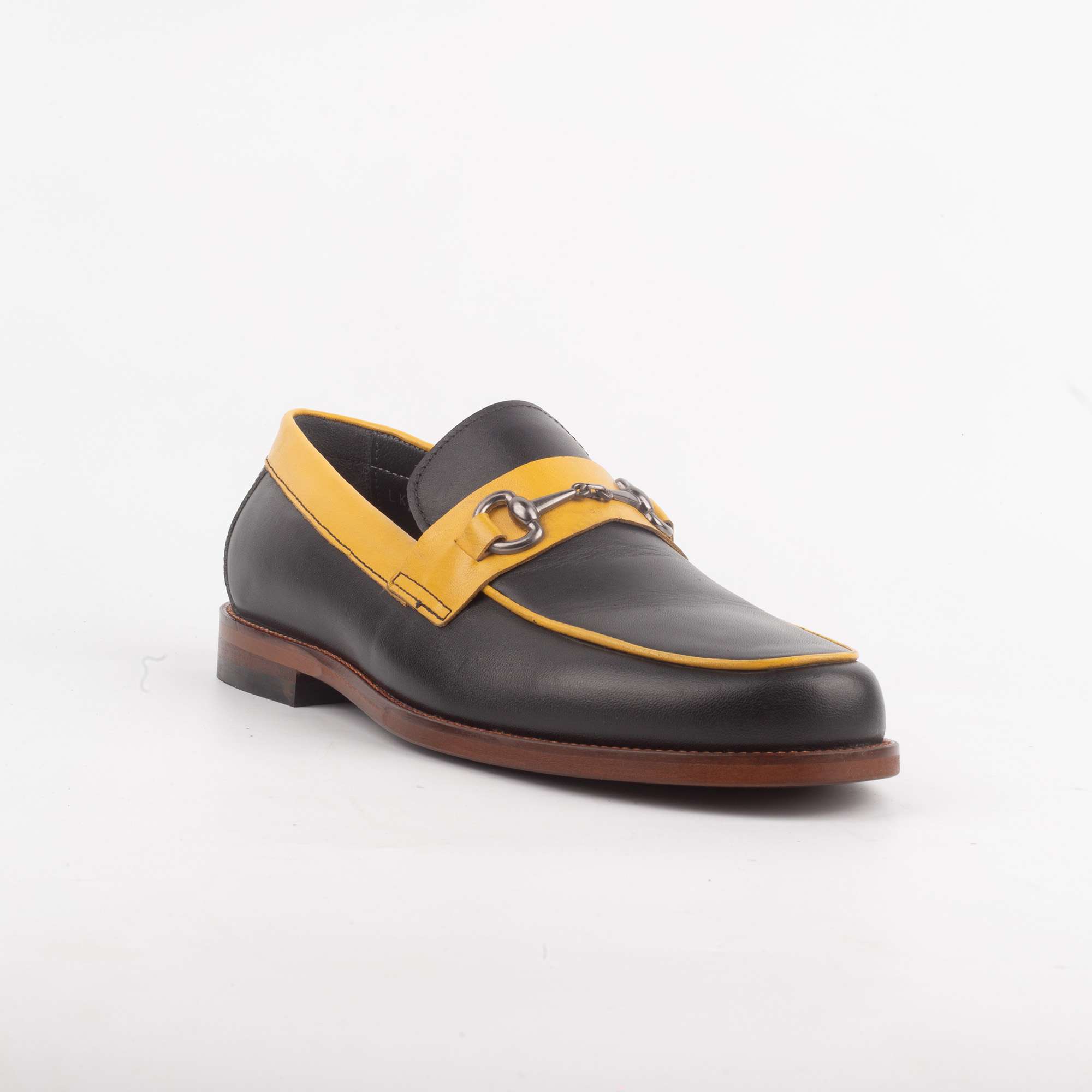 Men's Black and Yellow Leather Loafers with Metallic Horsebit Detail (V52-73) - Image 3