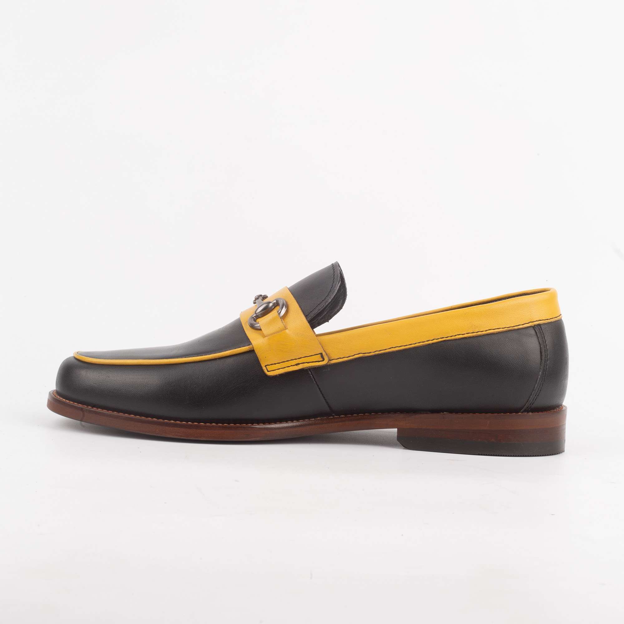 Men's Black and Yellow Leather Loafers with Metallic Horsebit Detail (V52-73) - Image 5