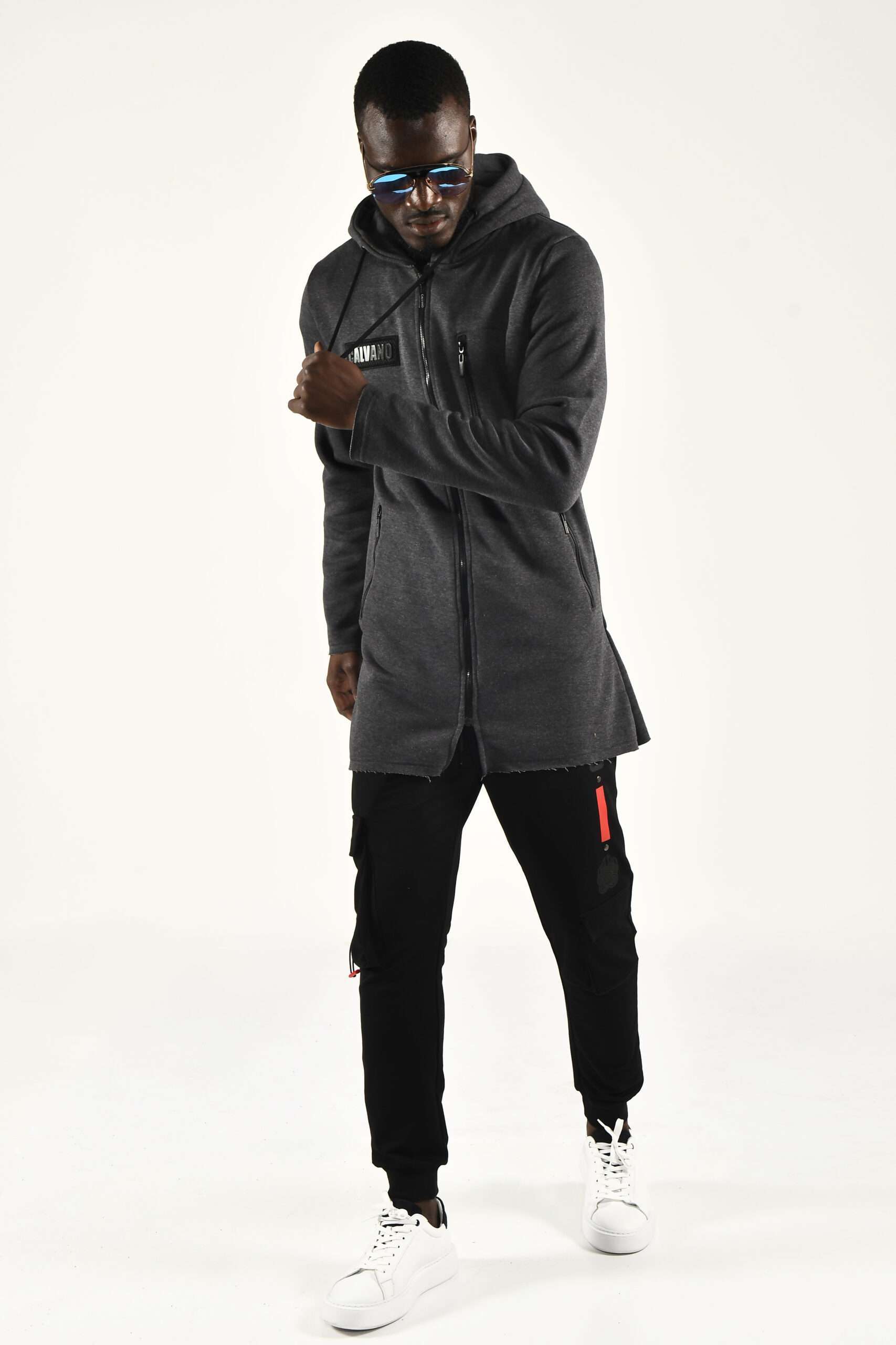 Men's Charcoal Longline Zip Up Hoodie Modern Streetwear with a Sleek Edge - Image 2