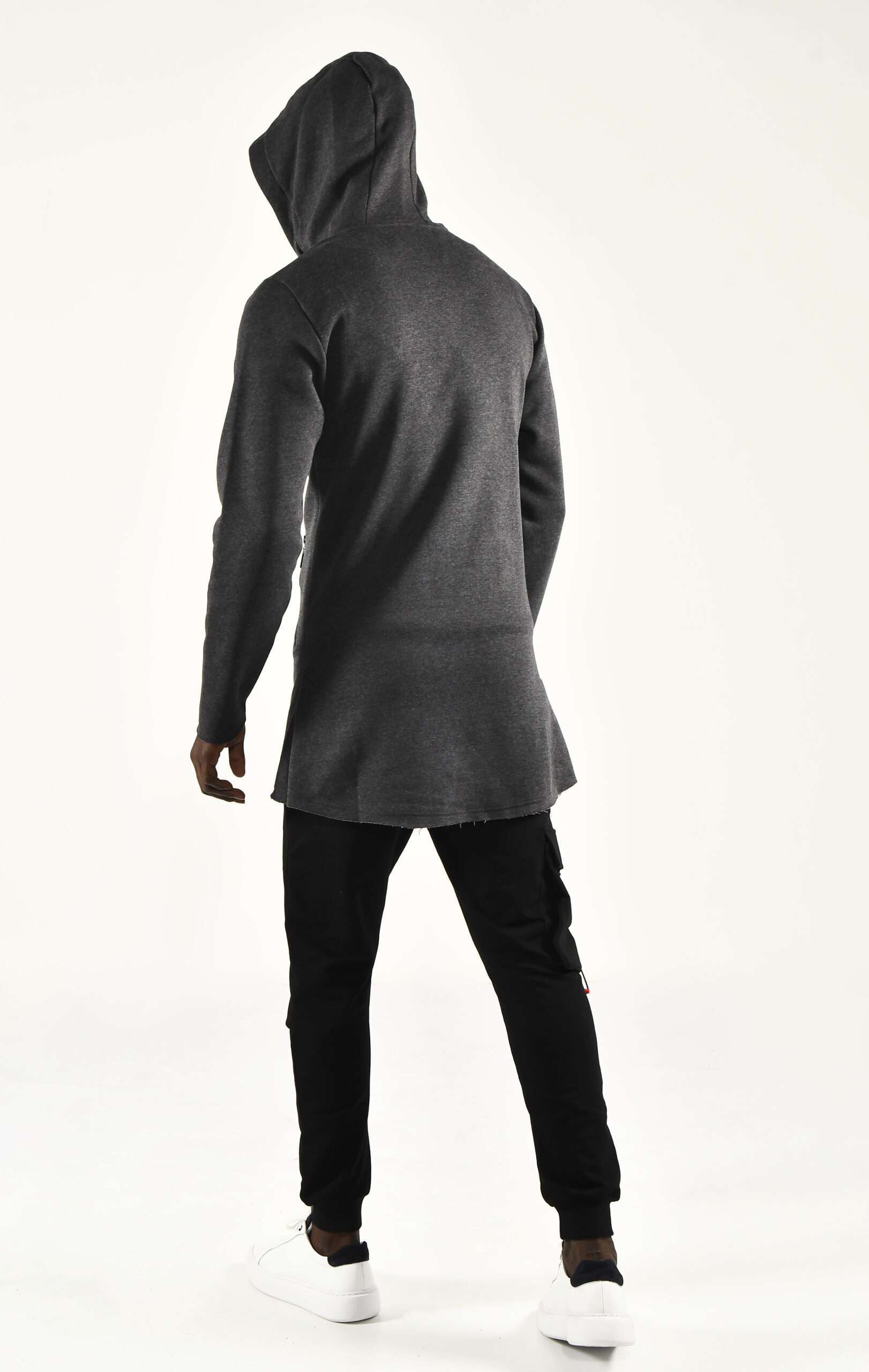 Men's Charcoal Longline Zip Up Hoodie Modern Streetwear with a Sleek Edge - Image 4