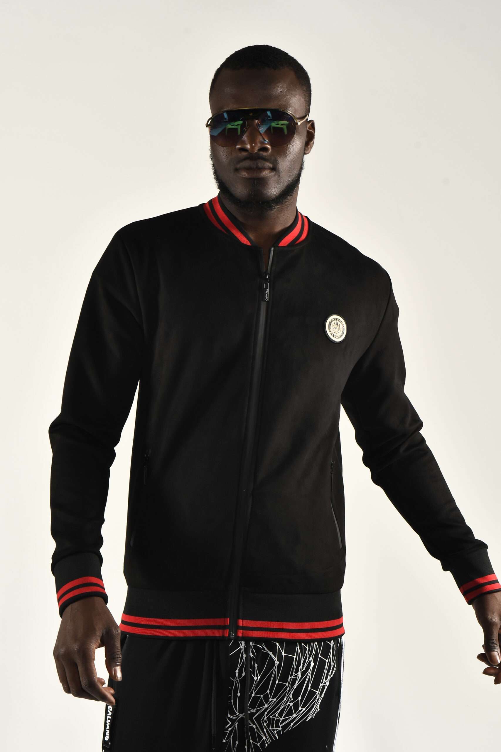 Sleek Black Bomber Jacket with Red Stripes for Men - Bold Style - Image 2