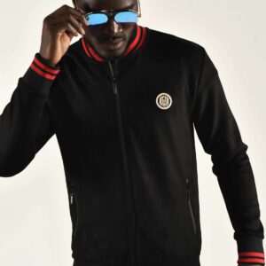 Sleek Black Bomber Jacket with Red Stripes for Men - Bold Style