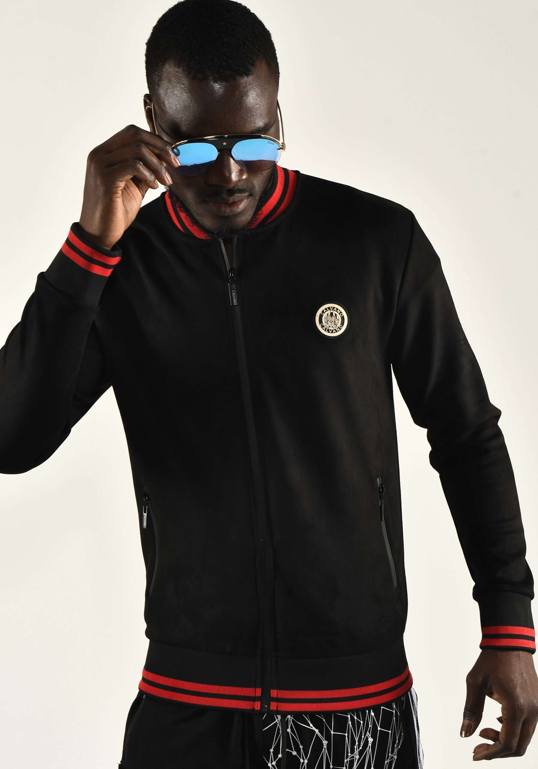 Sleek Black Bomber Jacket with Red Stripes for Men - Bold Style
