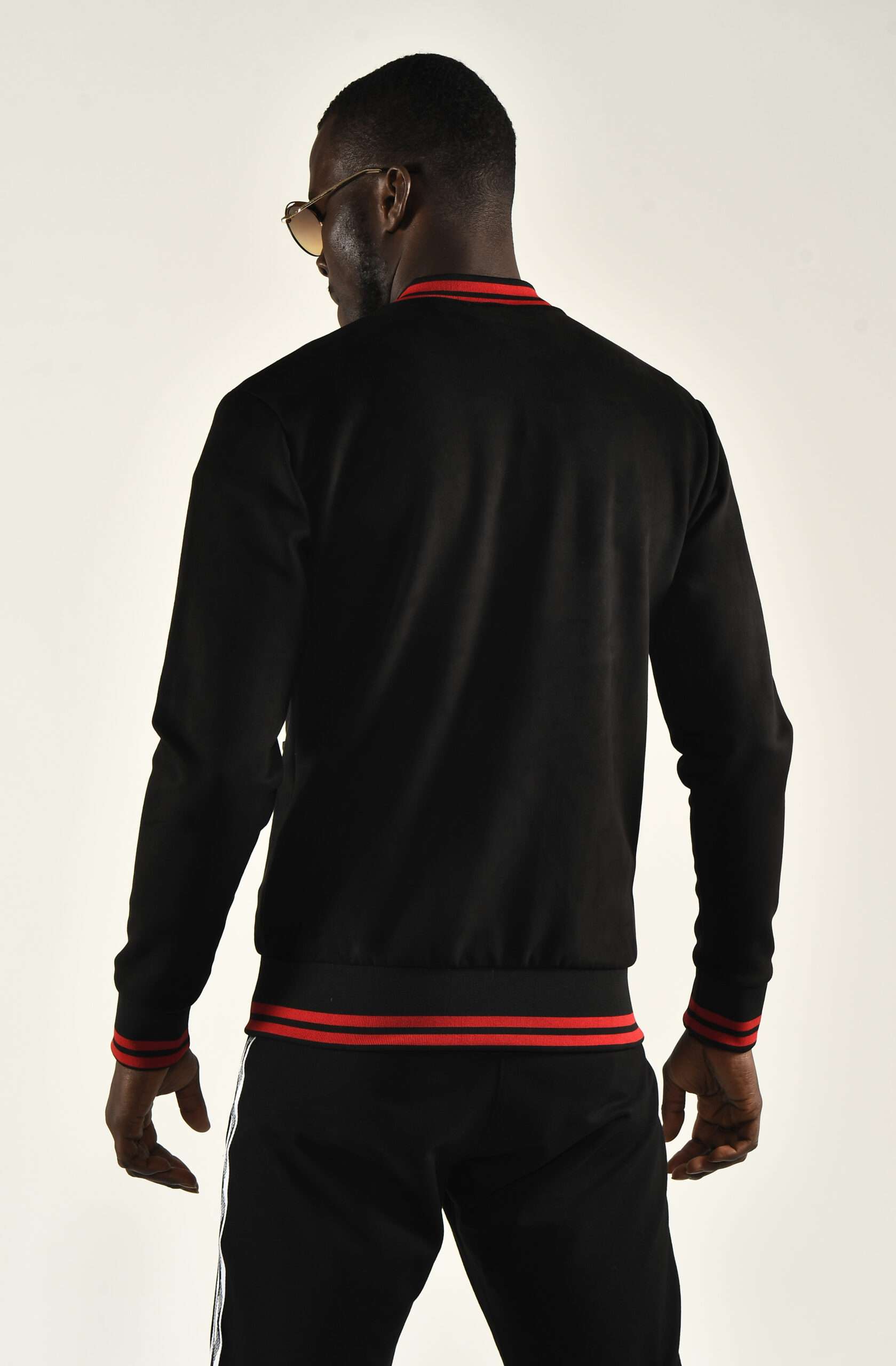 Sleek Black Bomber Jacket with Red Stripes for Men - Bold Style - Image 4