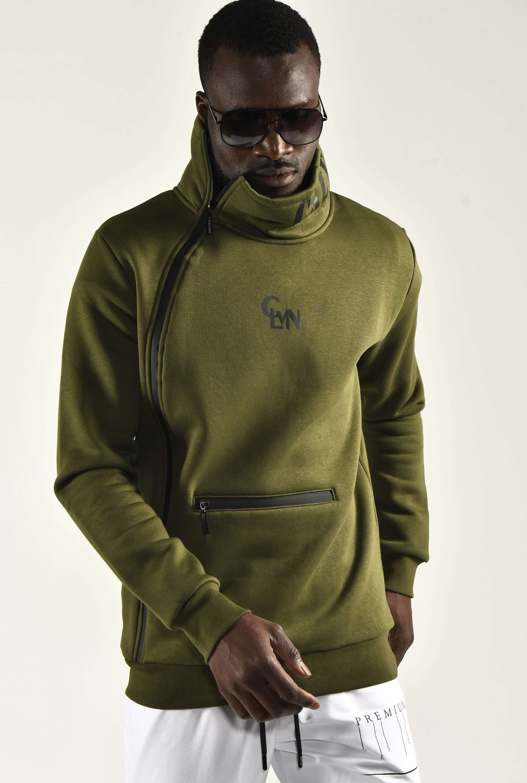 Trendy Men's Olive Green Track Top with High Collar Stylish and Functional Outerwear