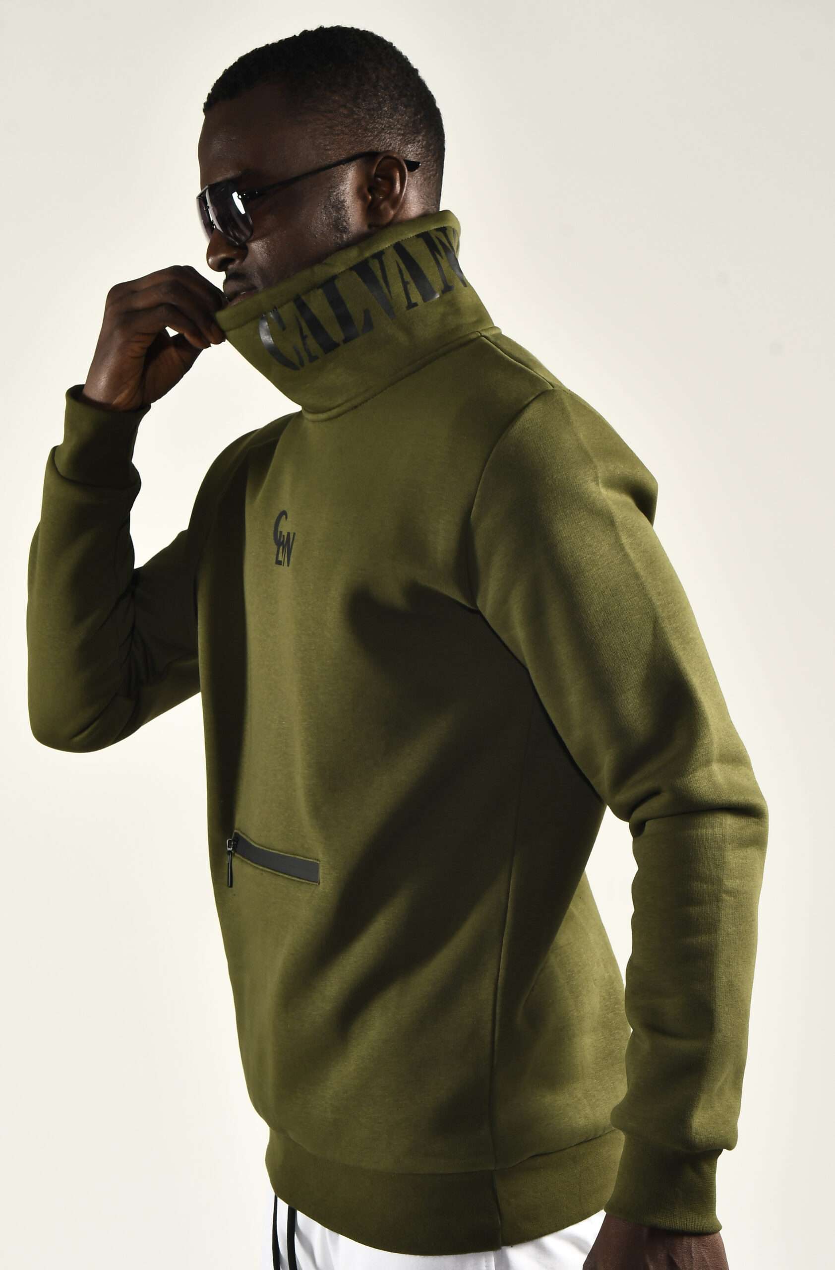 Trendy Men's Olive Green Track Top with High Collar Stylish and Functional Outerwear - Image 3