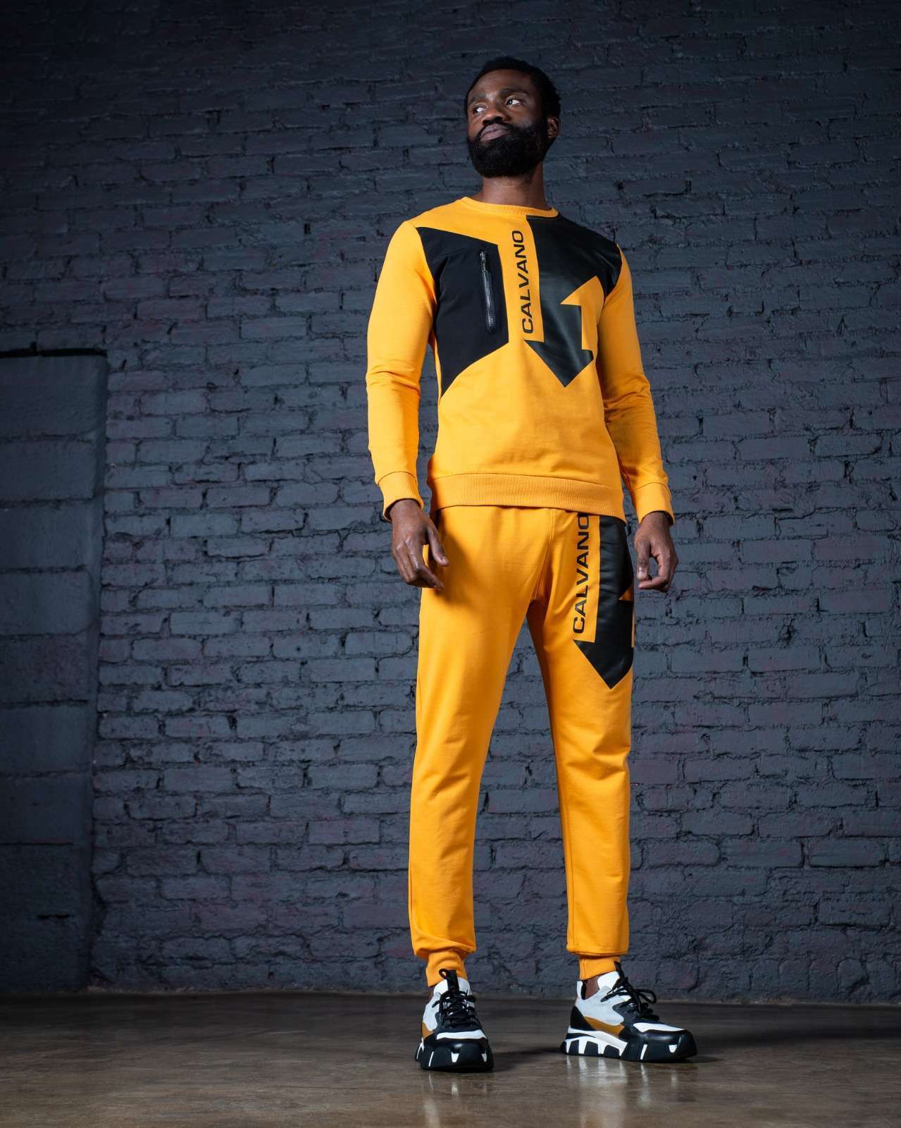 Calvano Men's Bold Yellow and Black Designer Tracksuit Premium Urban Streetwear - Image 2